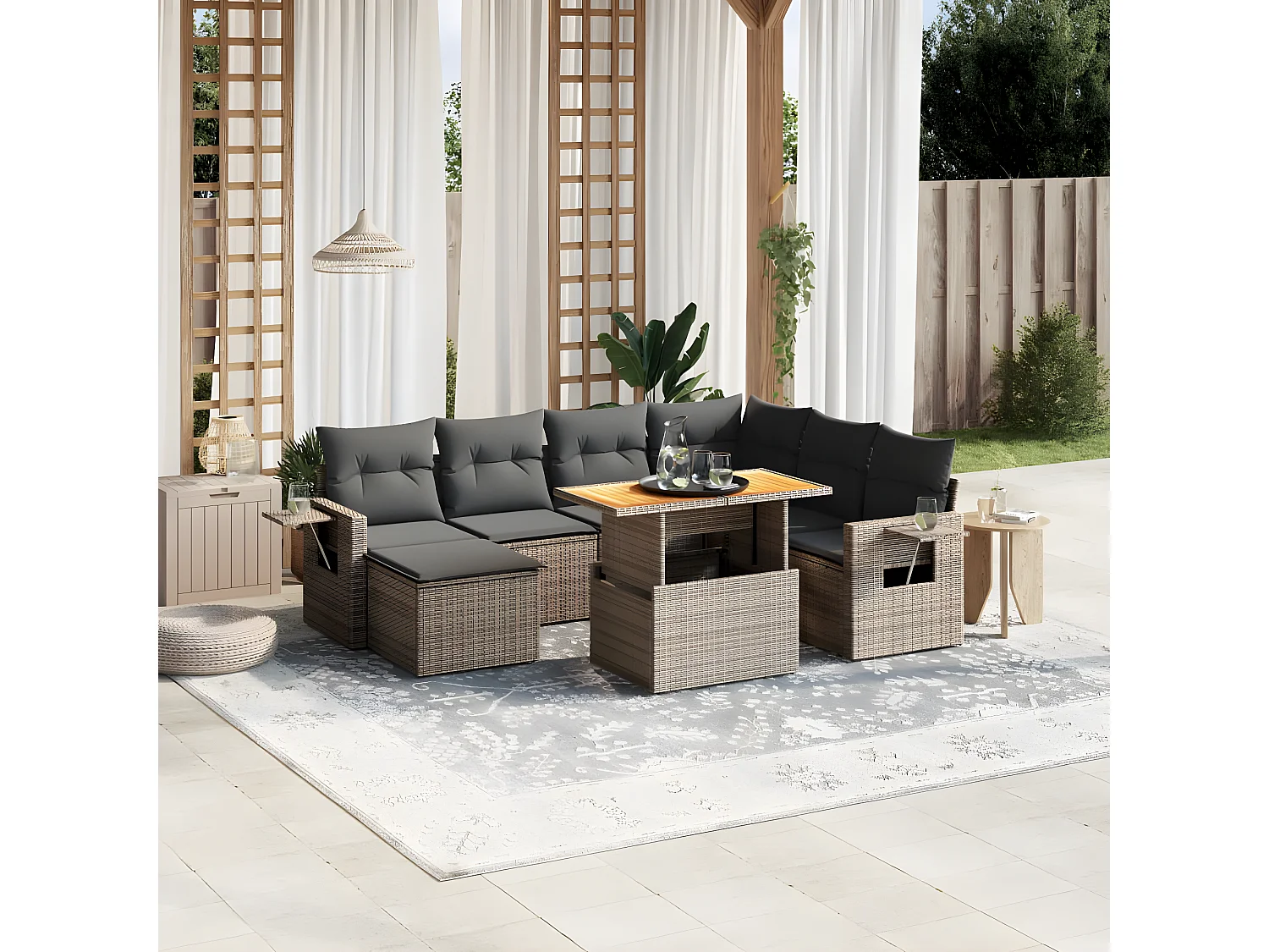 Set de sofás de jardín 8 piezas y cojines ratán sintético gris