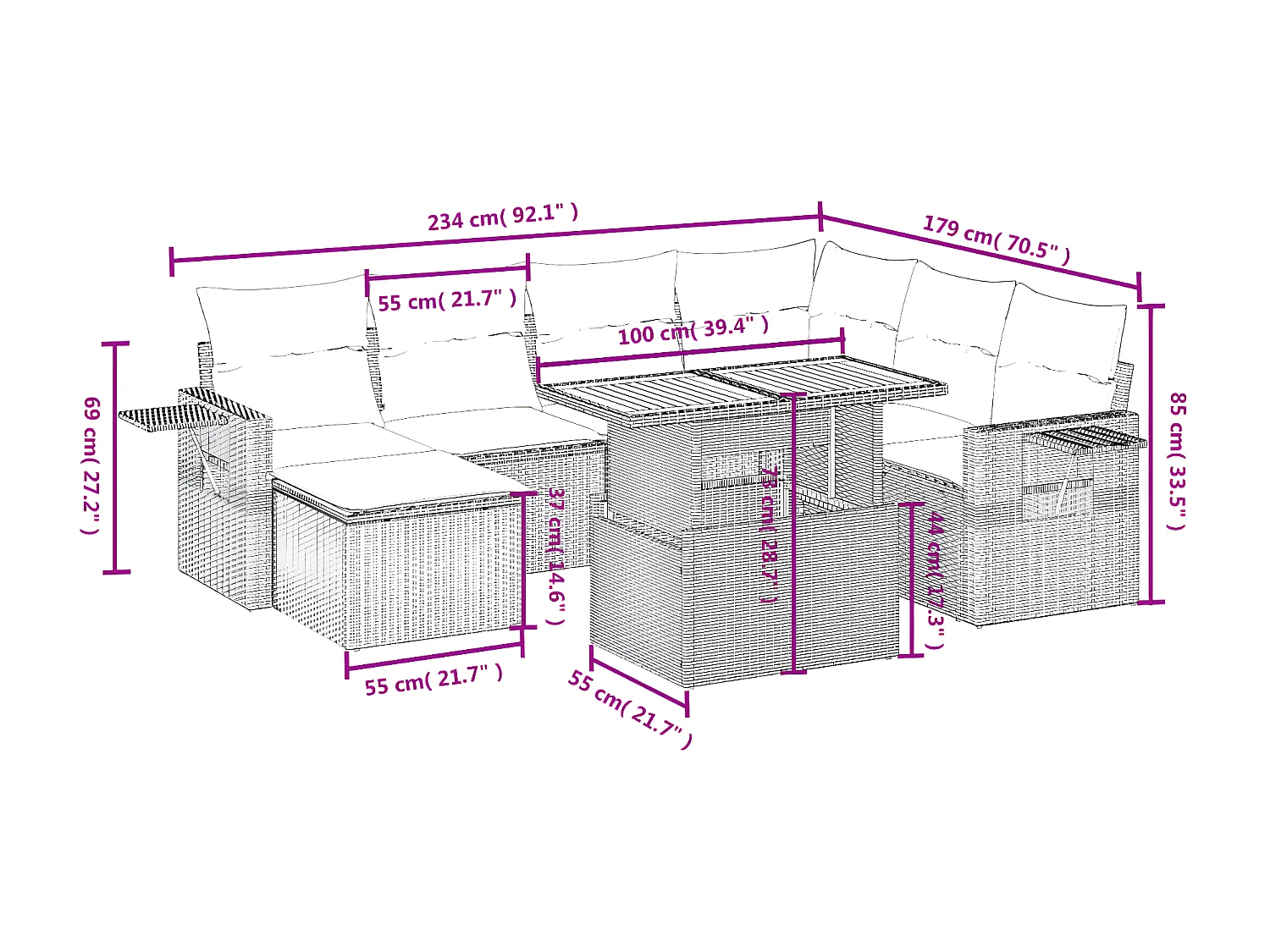 Set de sofás de jardín 8 piezas y cojines ratán sintético gris