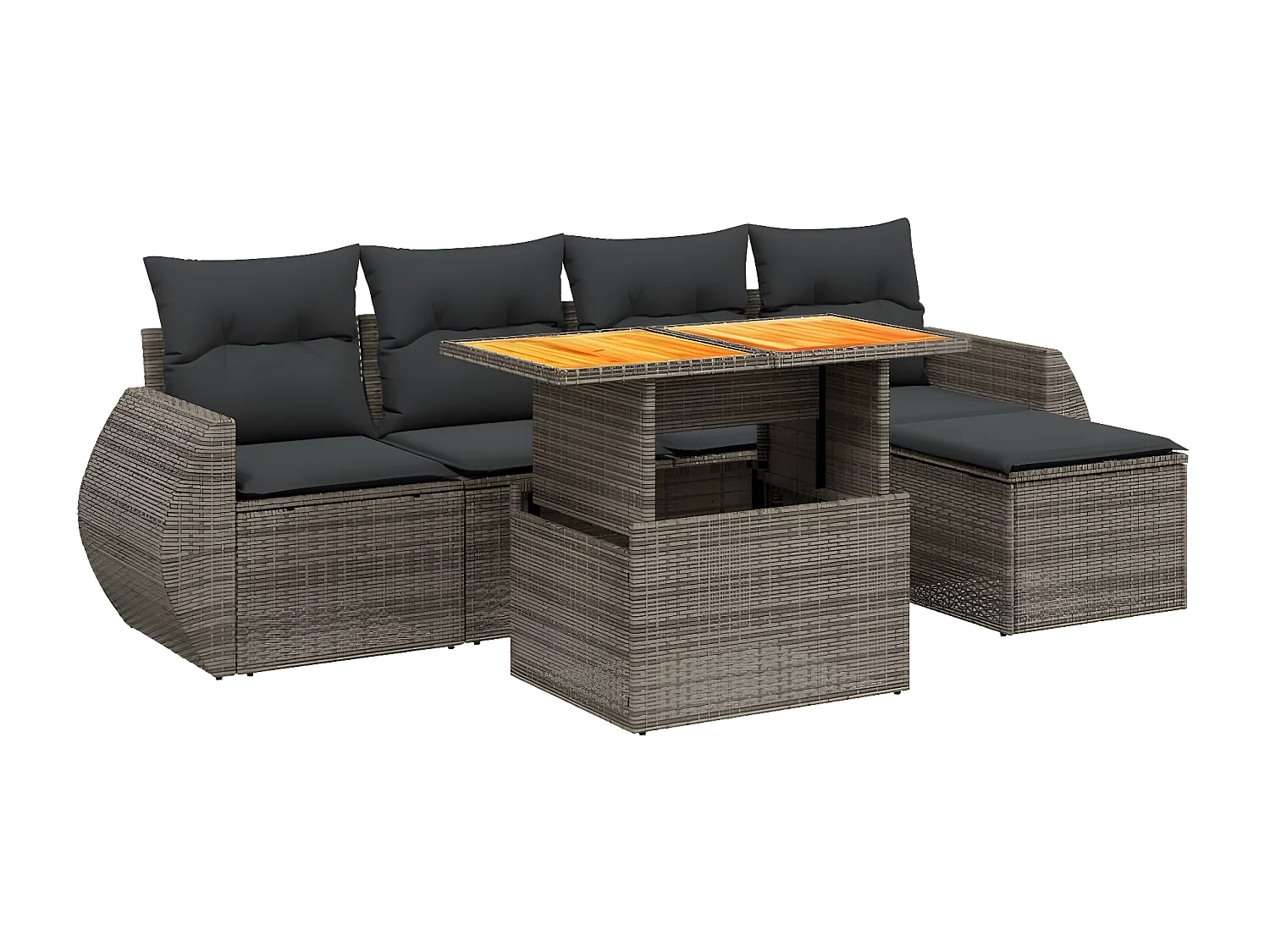 Set de muebles de jardín 6 piezas y cojines ratán sintético gris