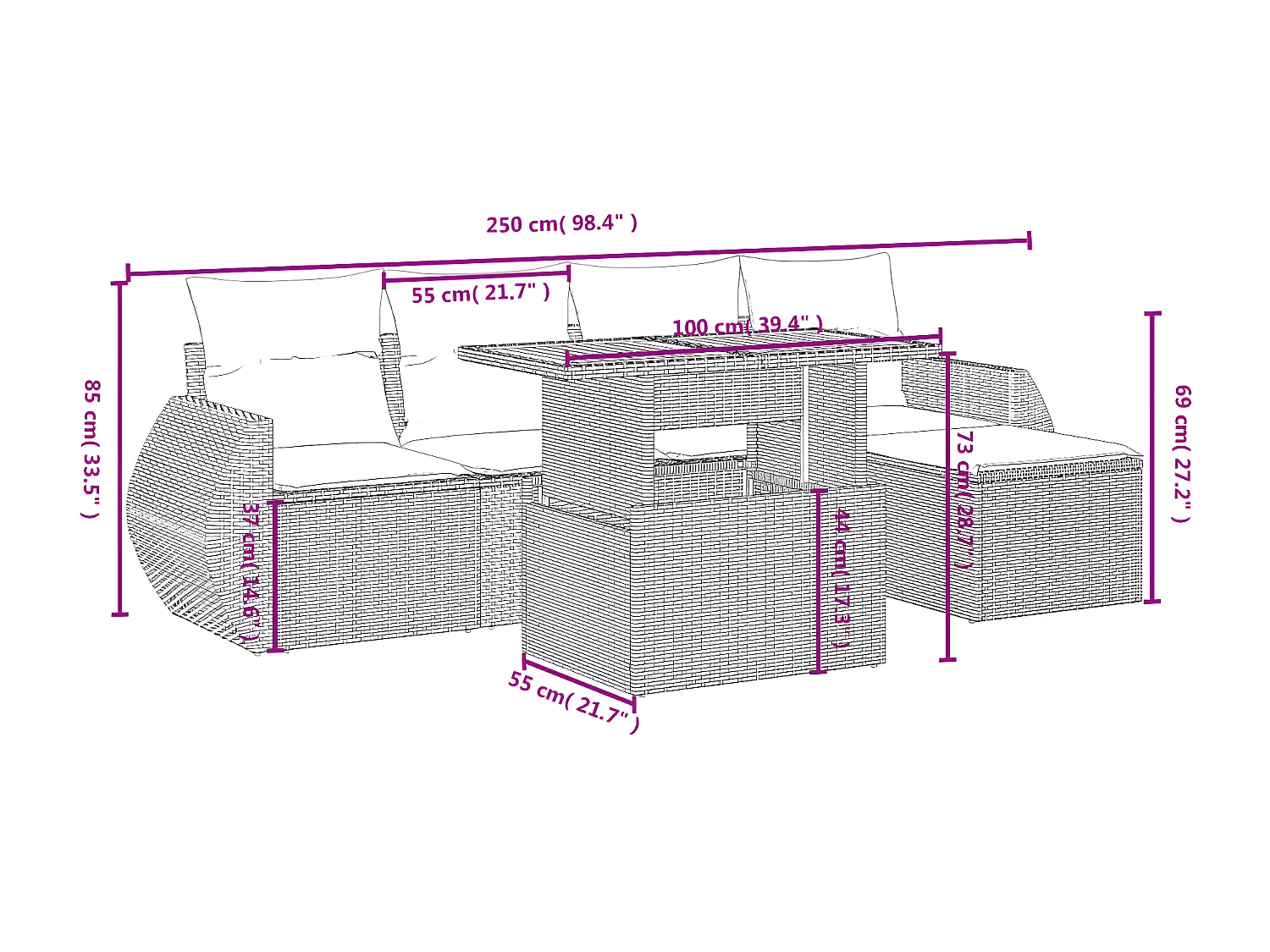 Set de muebles de jardín 6 piezas y cojines ratán sintético gris