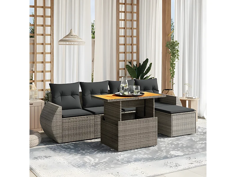 Set de muebles de jardín 6 piezas y cojines ratán sintético gris