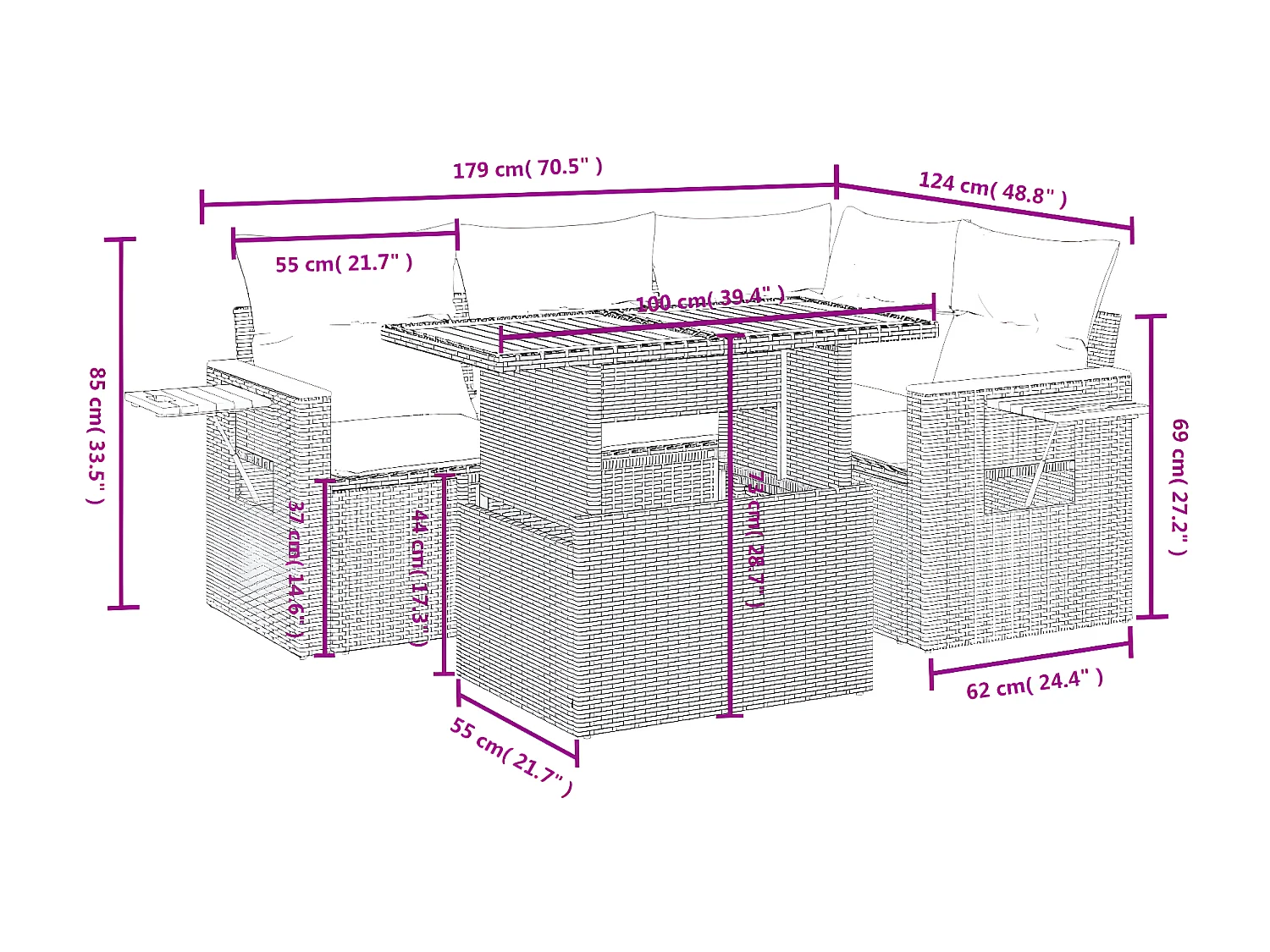 Salon de jardin 5 pièces avec coussins gris résine tressée
