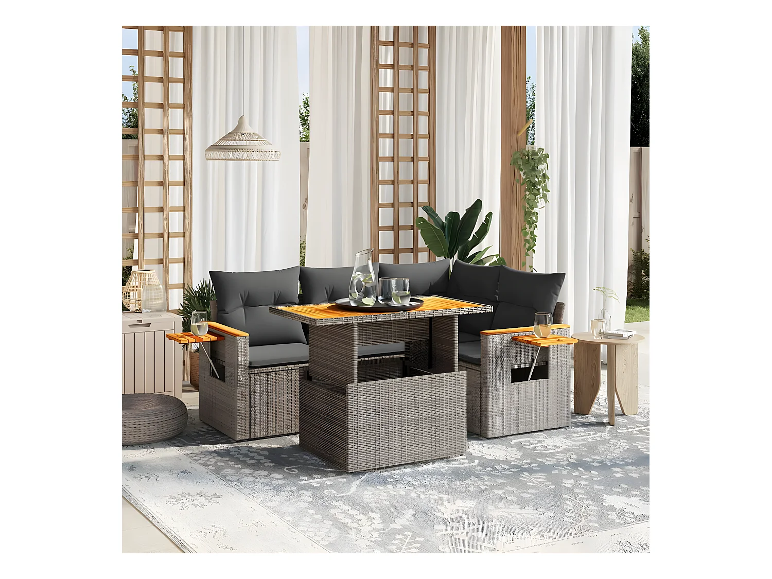 Salon de jardin 5 pièces avec coussins gris résine tressée