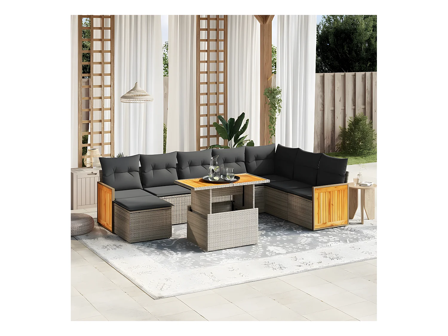 Salon de jardin 9 pièces avec coussins gris résine tressée
