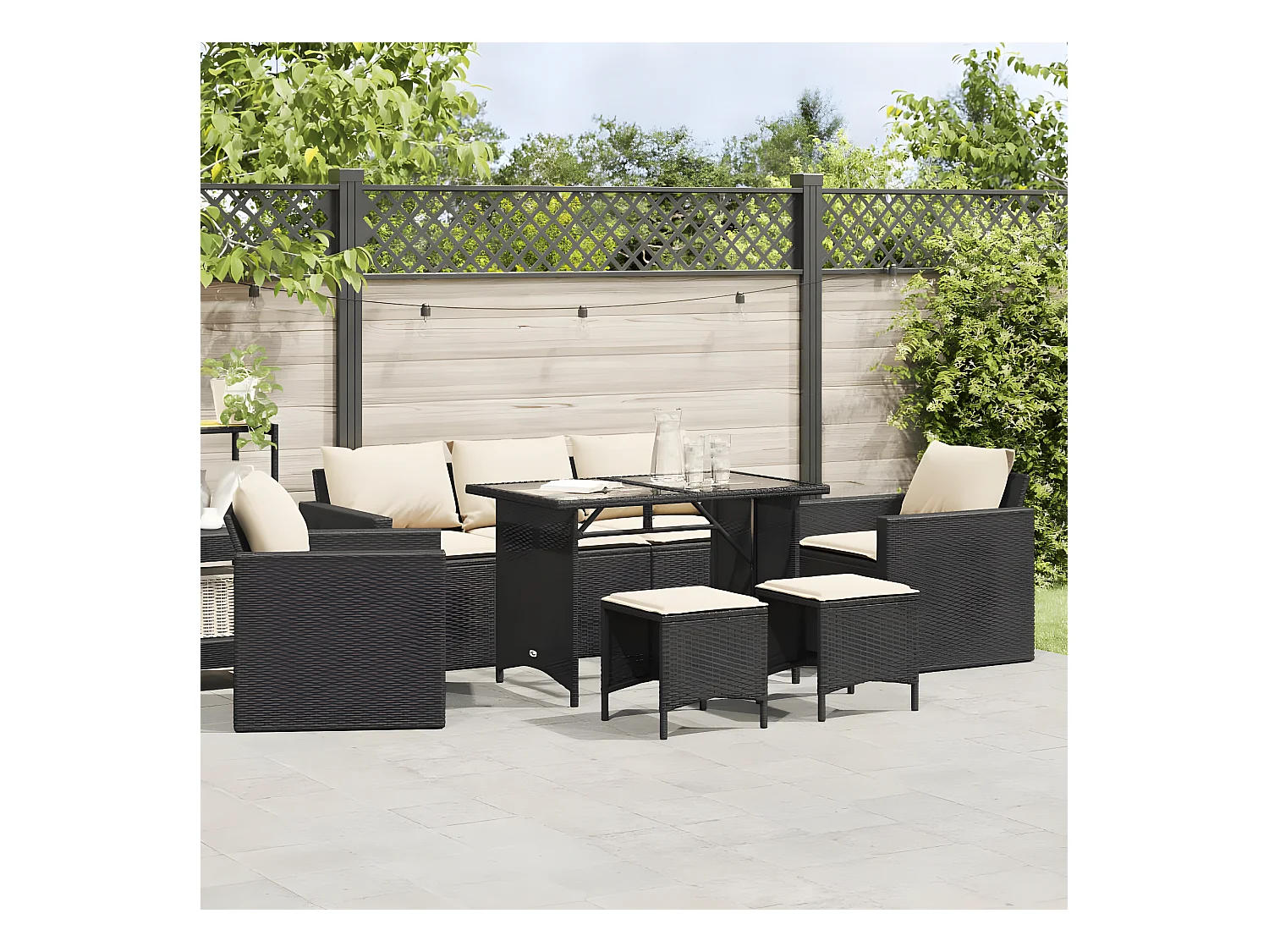 Set de sofás de jardín 6 piezas y cojines ratán sintético negro