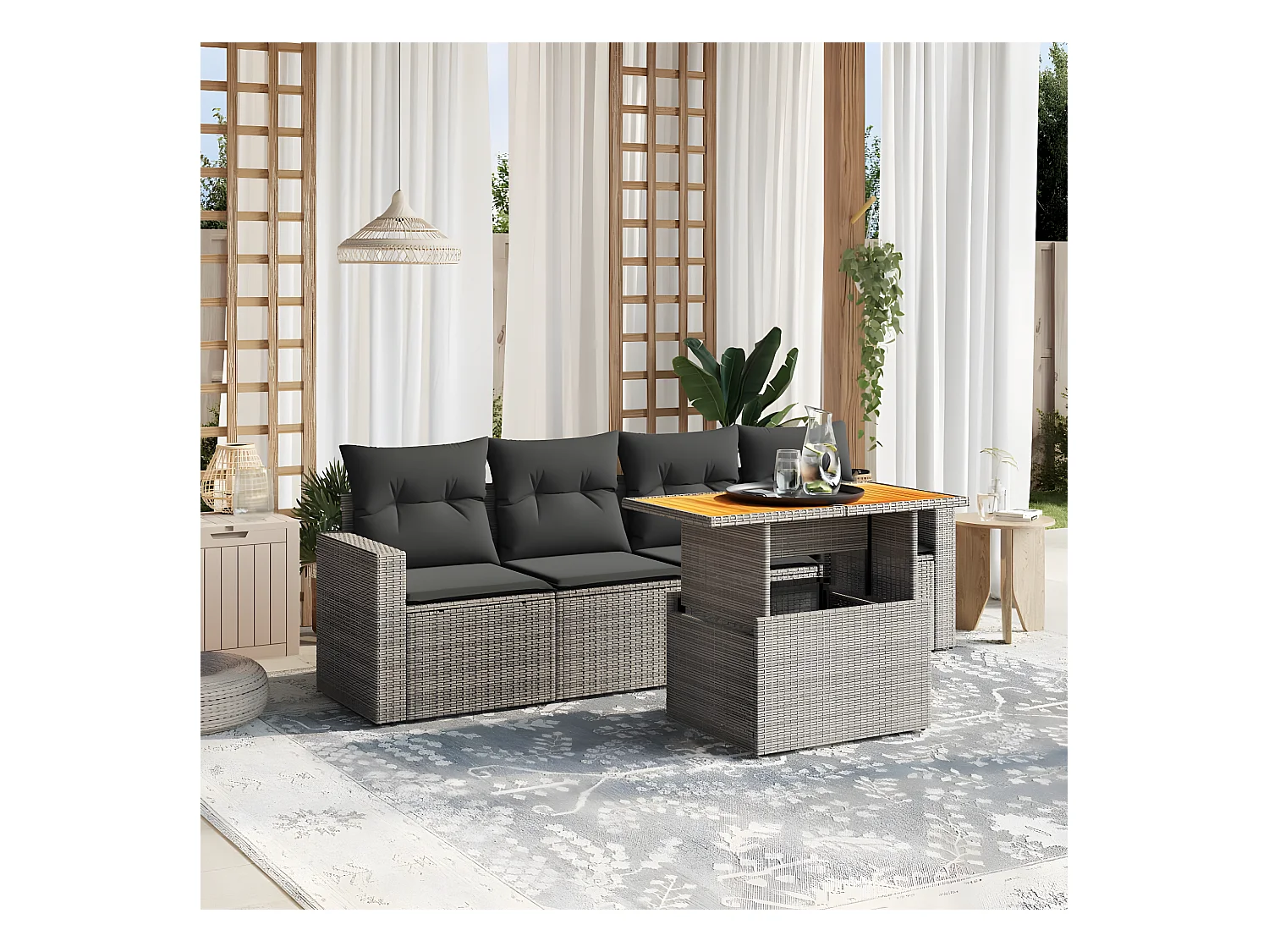 Salon de jardin 5 pièces avec coussins gris résine tressée