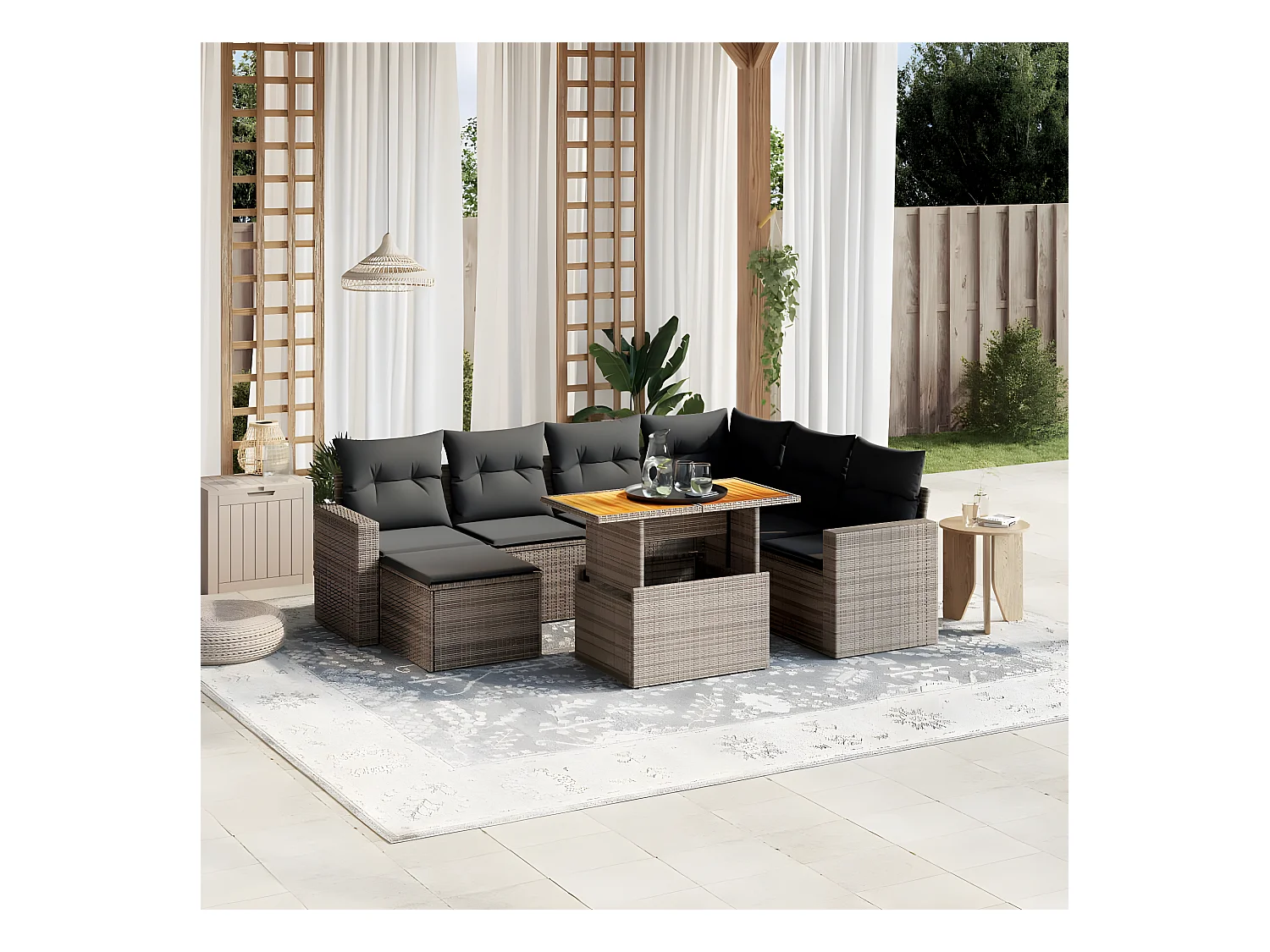 Salon de jardin 8 pièces avec coussins gris résine tressée