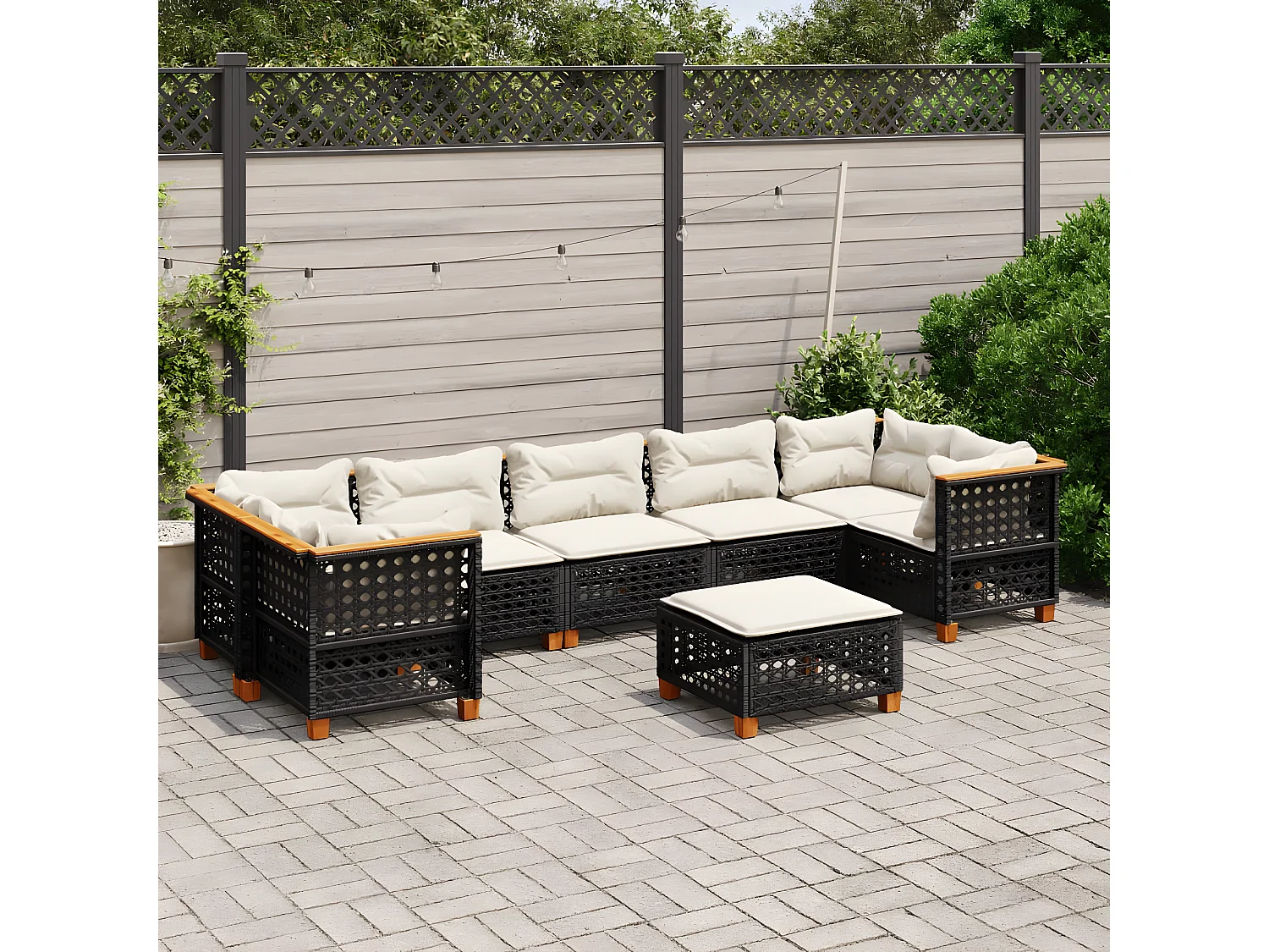 8-delige Loungeset met kussens poly rattan zwart