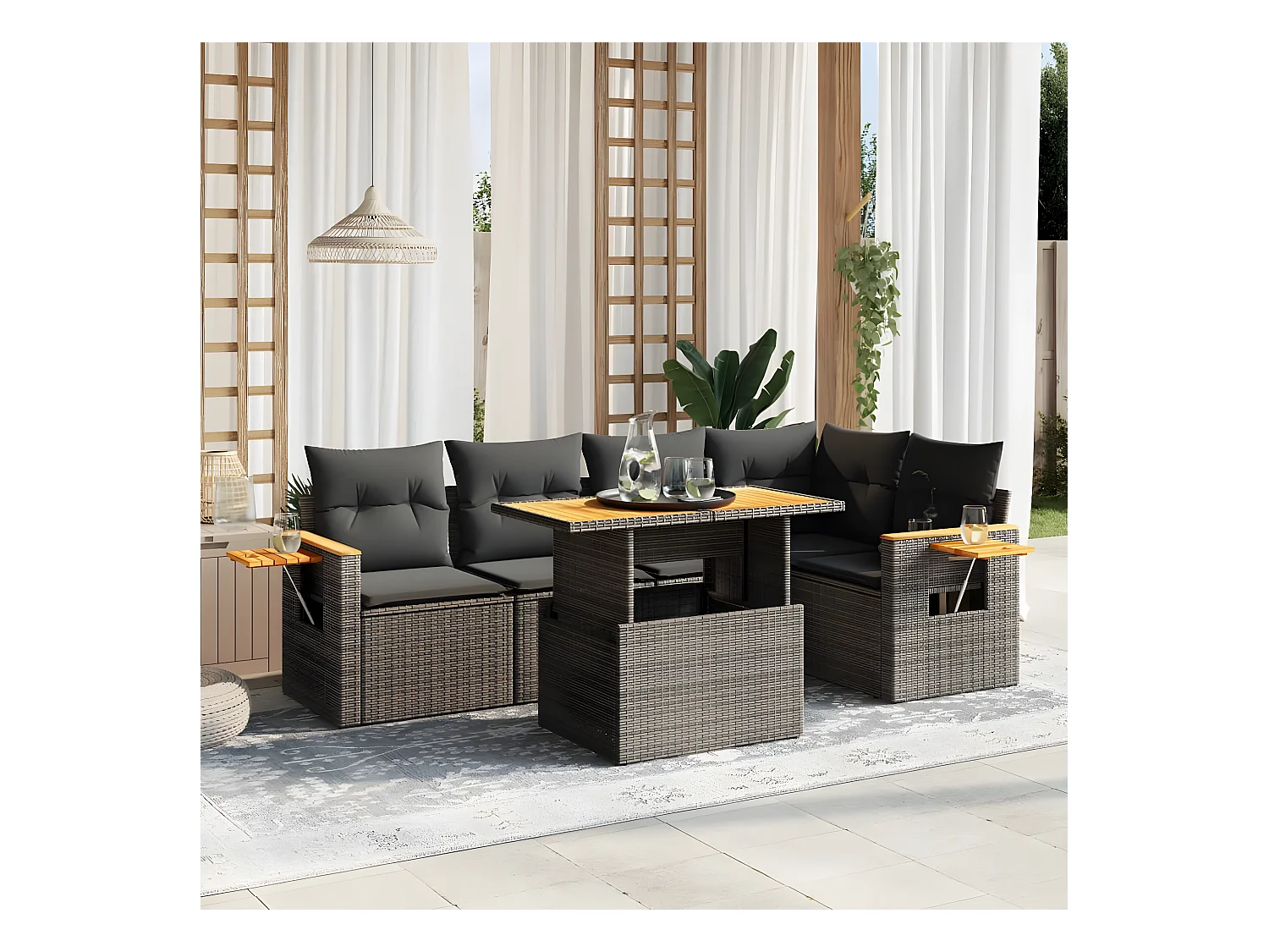 6-delige Loungeset met kussens poly rattan grijs