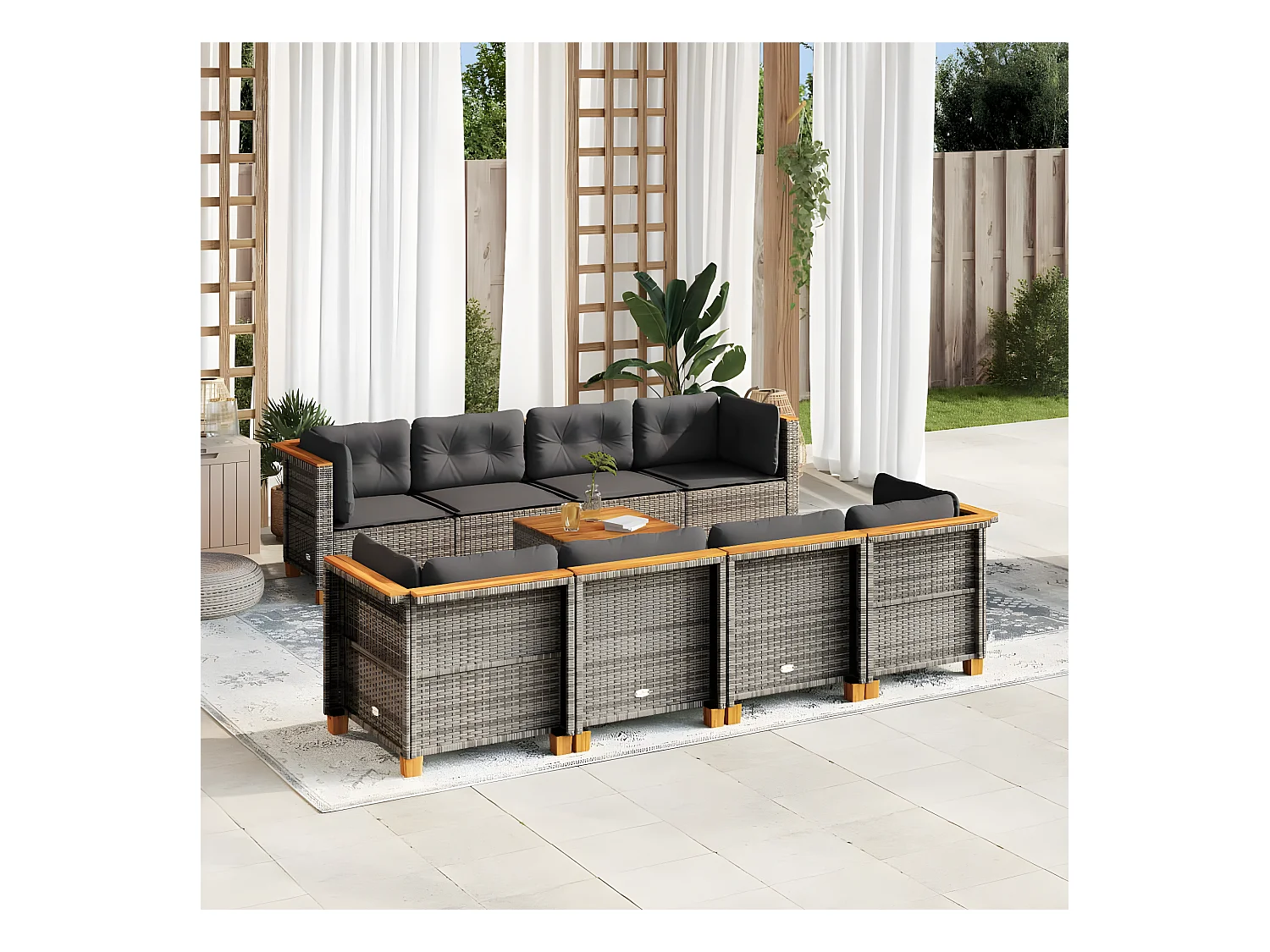 Salon de jardin 9 pièces avec coussins gris résine tressée