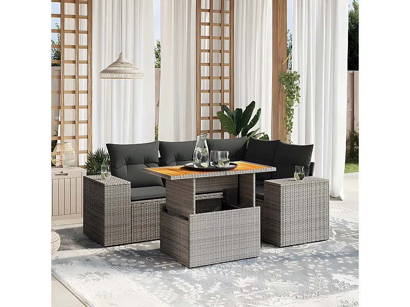 Juego de sofás jardín con cojines 5 piezas ratán sintético gris