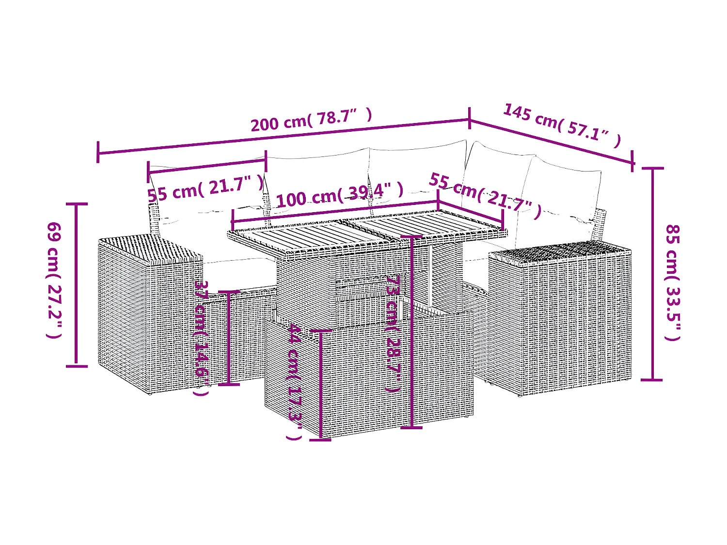 Salon de jardin 5 pièces avec coussins gris résine tressée