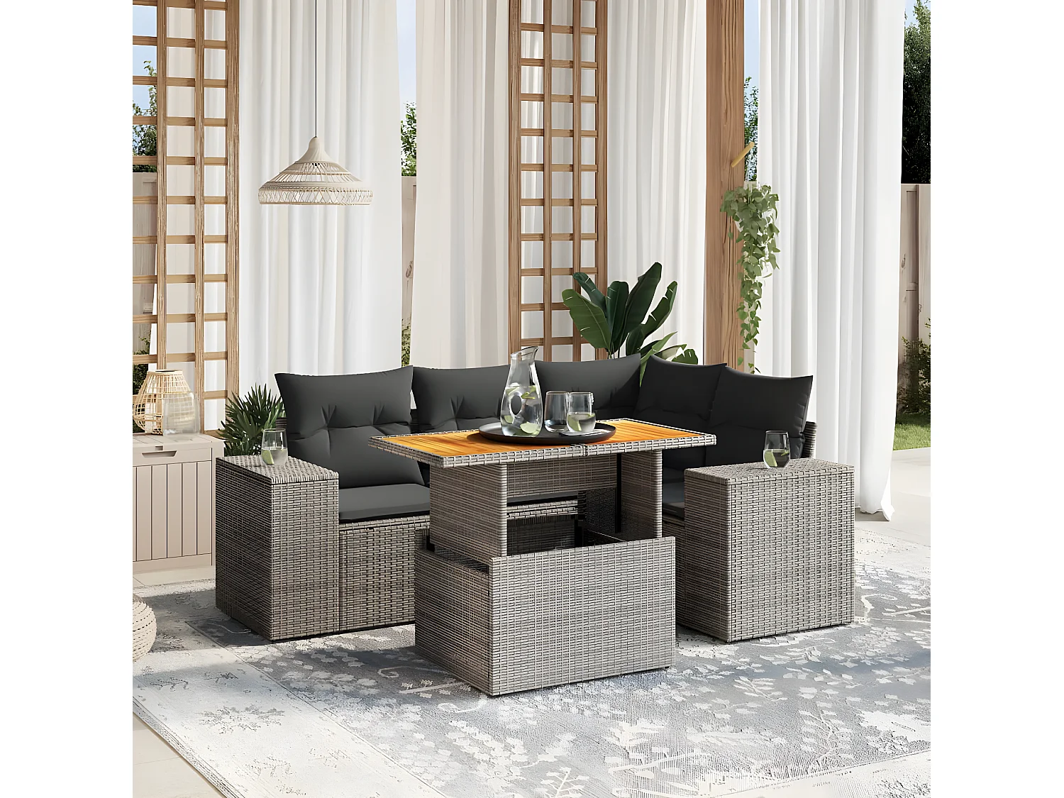 Salon de jardin 5 pièces avec coussins gris résine tressée