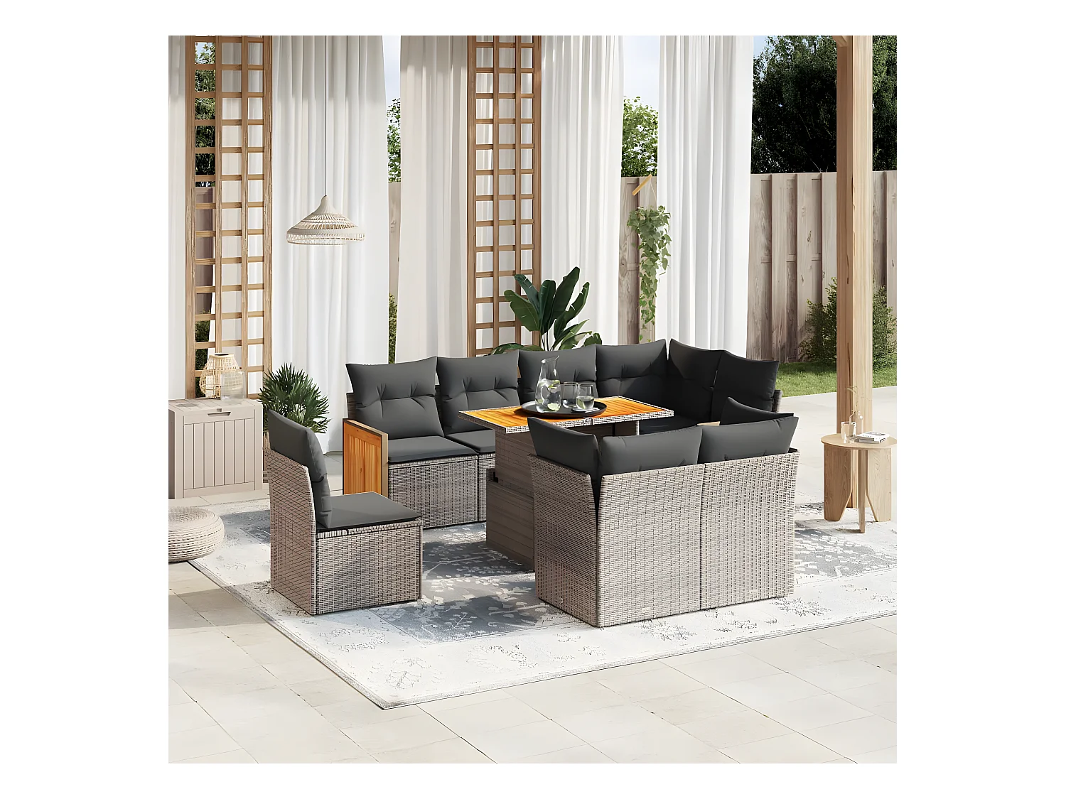 Salon de jardin 9 pièces avec coussins gris résine tressée