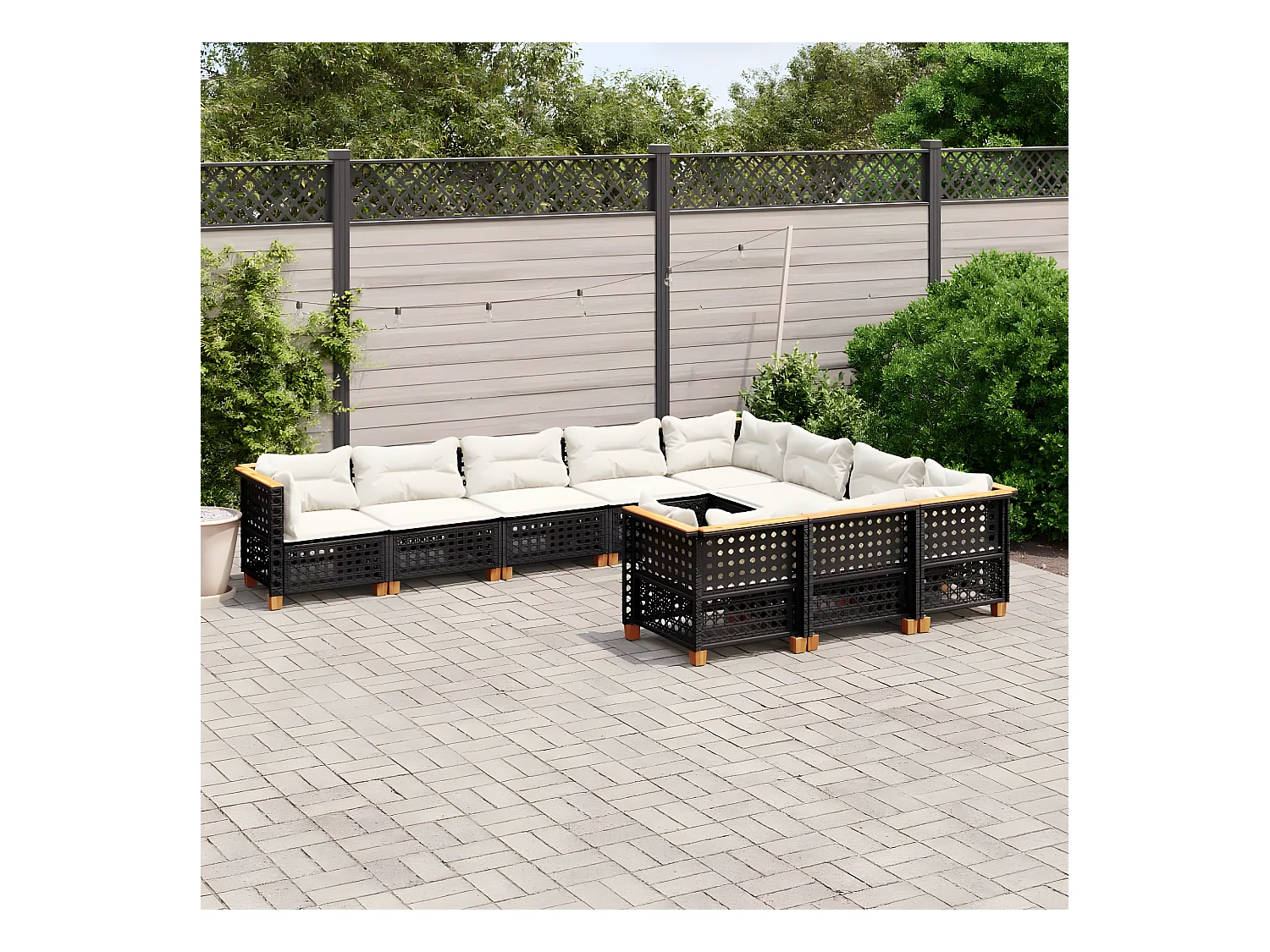 Salon de jardin 10 pièces avec coussins noir résine tressée