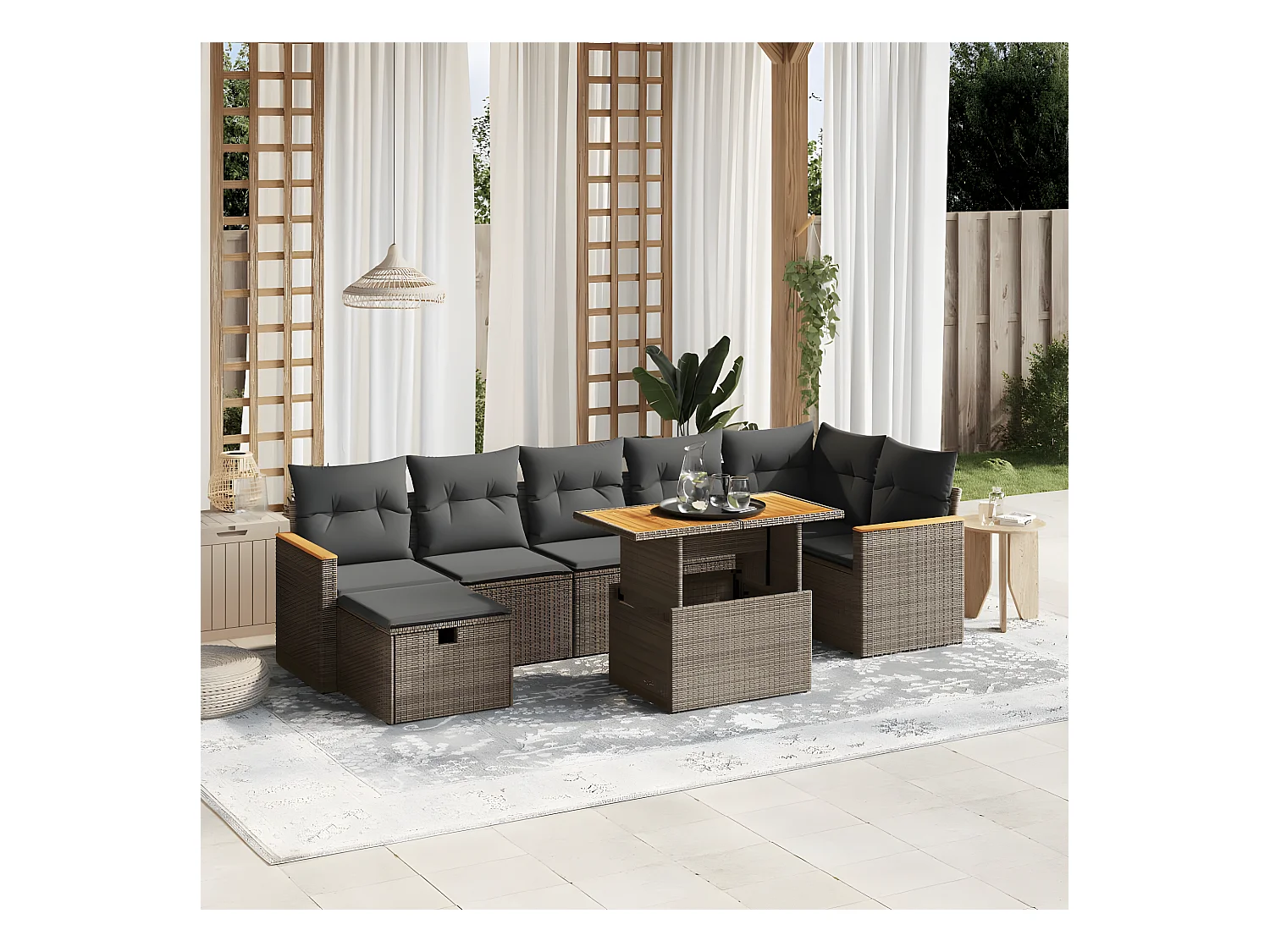 Salon de jardin 8 pièces avec coussins gris résine tressée