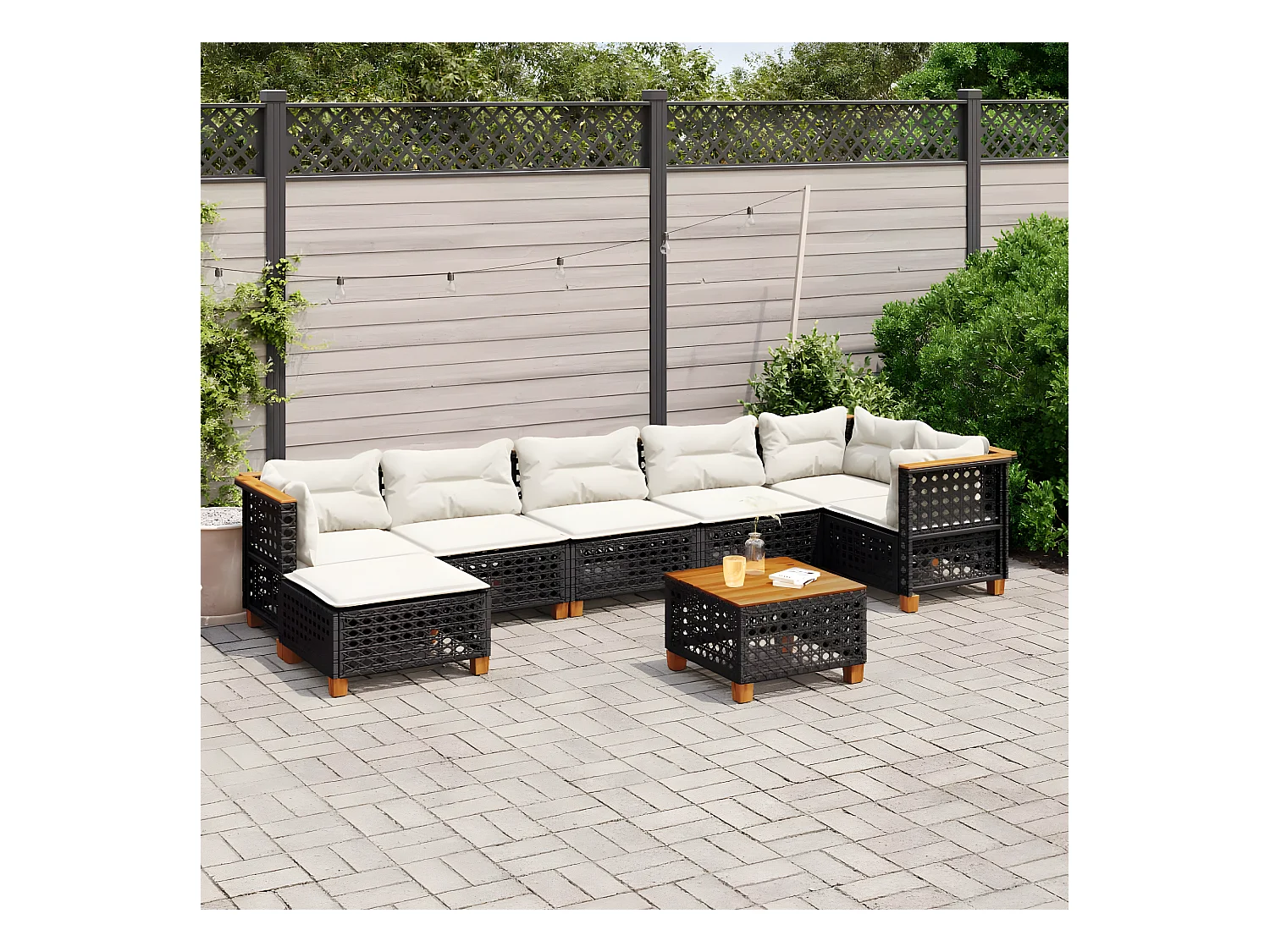 Salon de jardin 8 pièces avec coussins noir résine tressée
