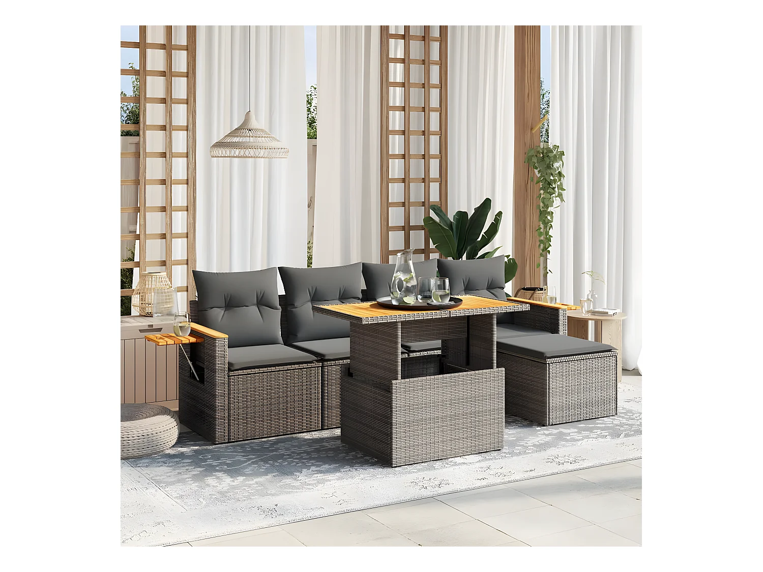 Salon de jardin 6 pièces avec coussins gris résine tressée