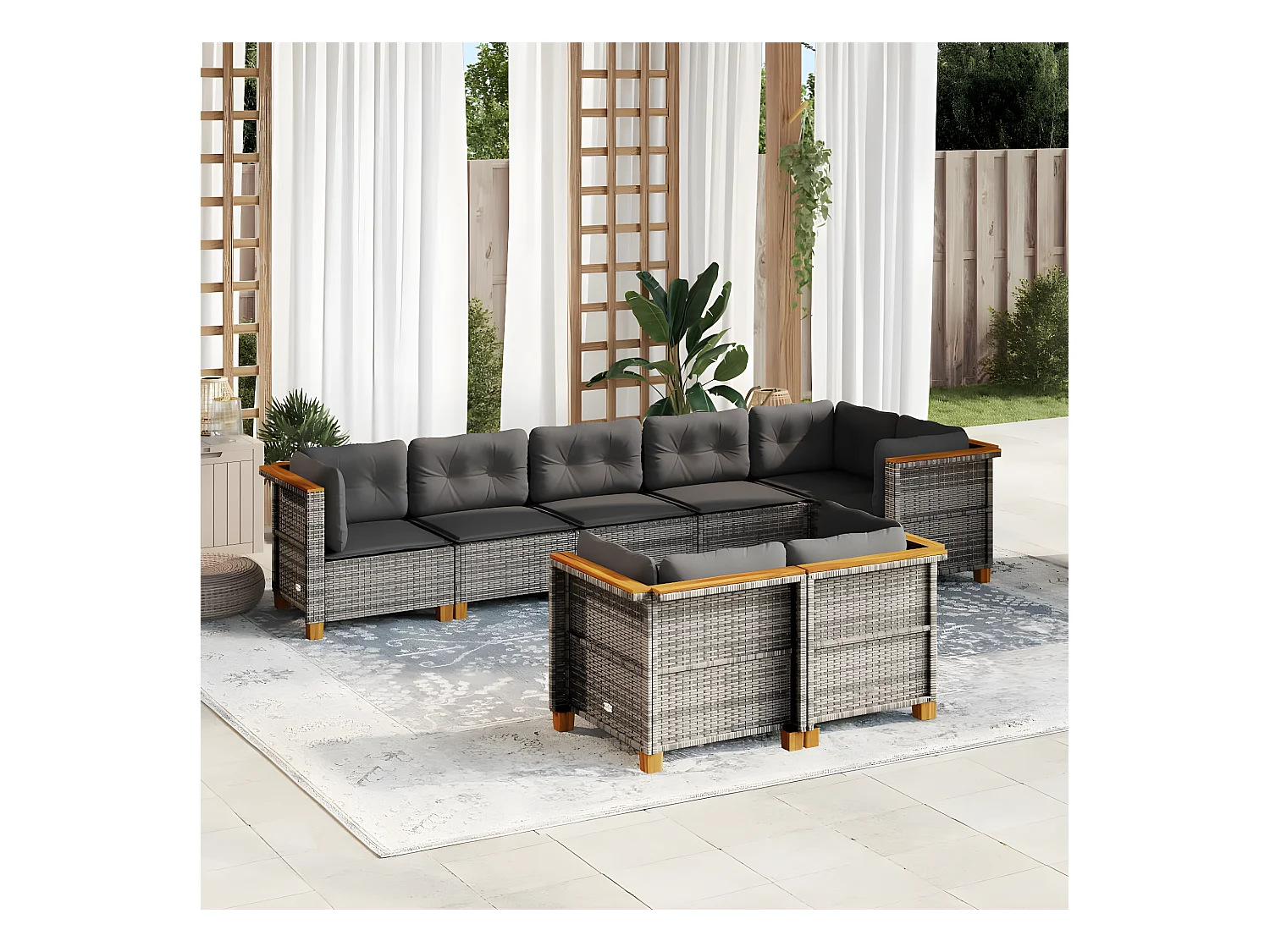 Salon de jardin 8 pièces avec coussins gris résine tressée