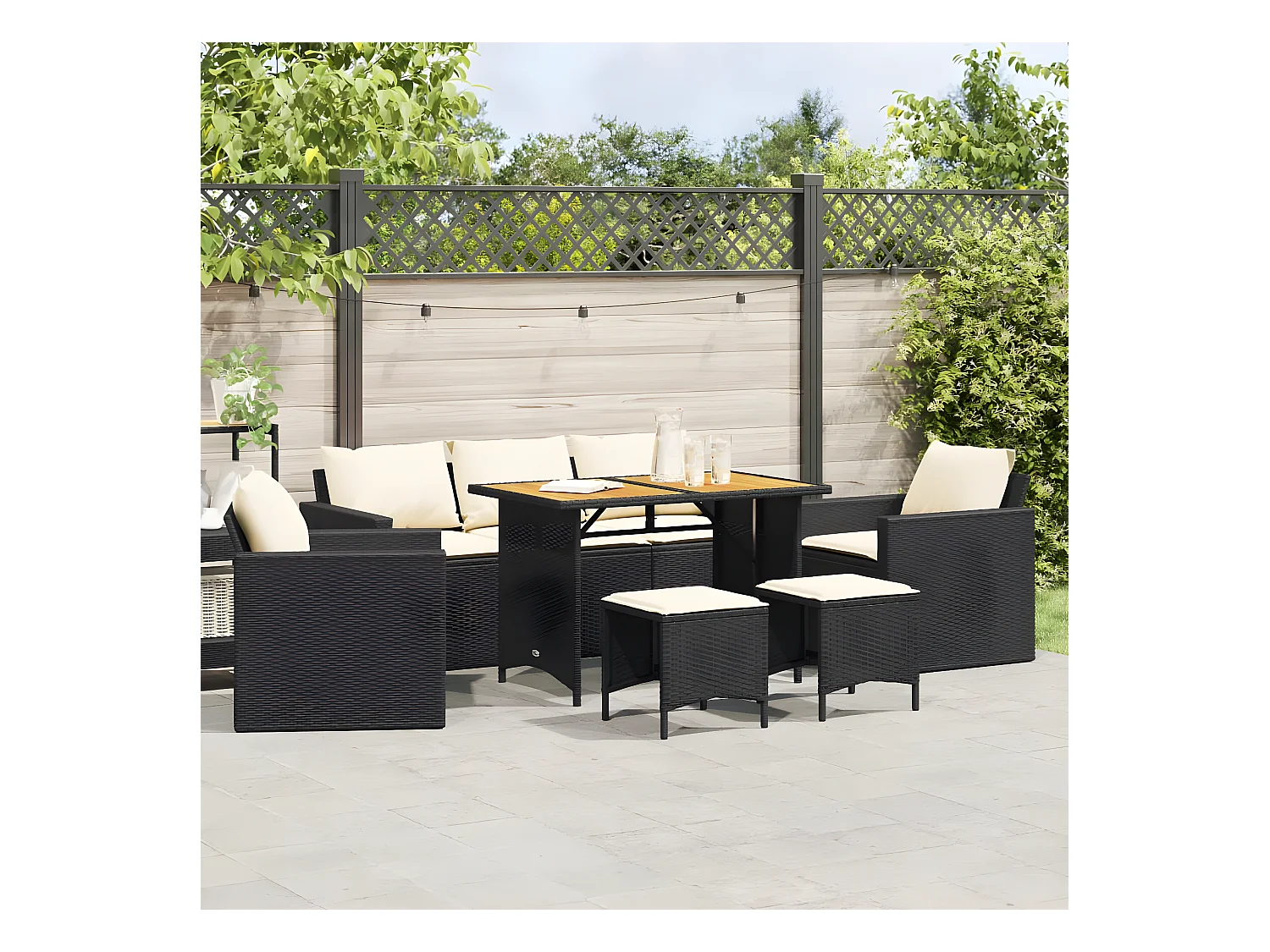 Salon de jardin 6 pièces avec coussins noir résine tressée