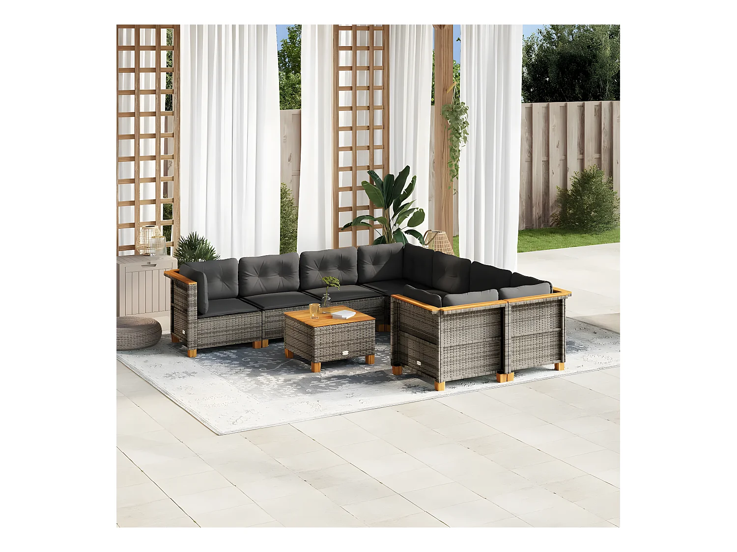 Salon de jardin 9 pièces avec coussins gris résine tressée