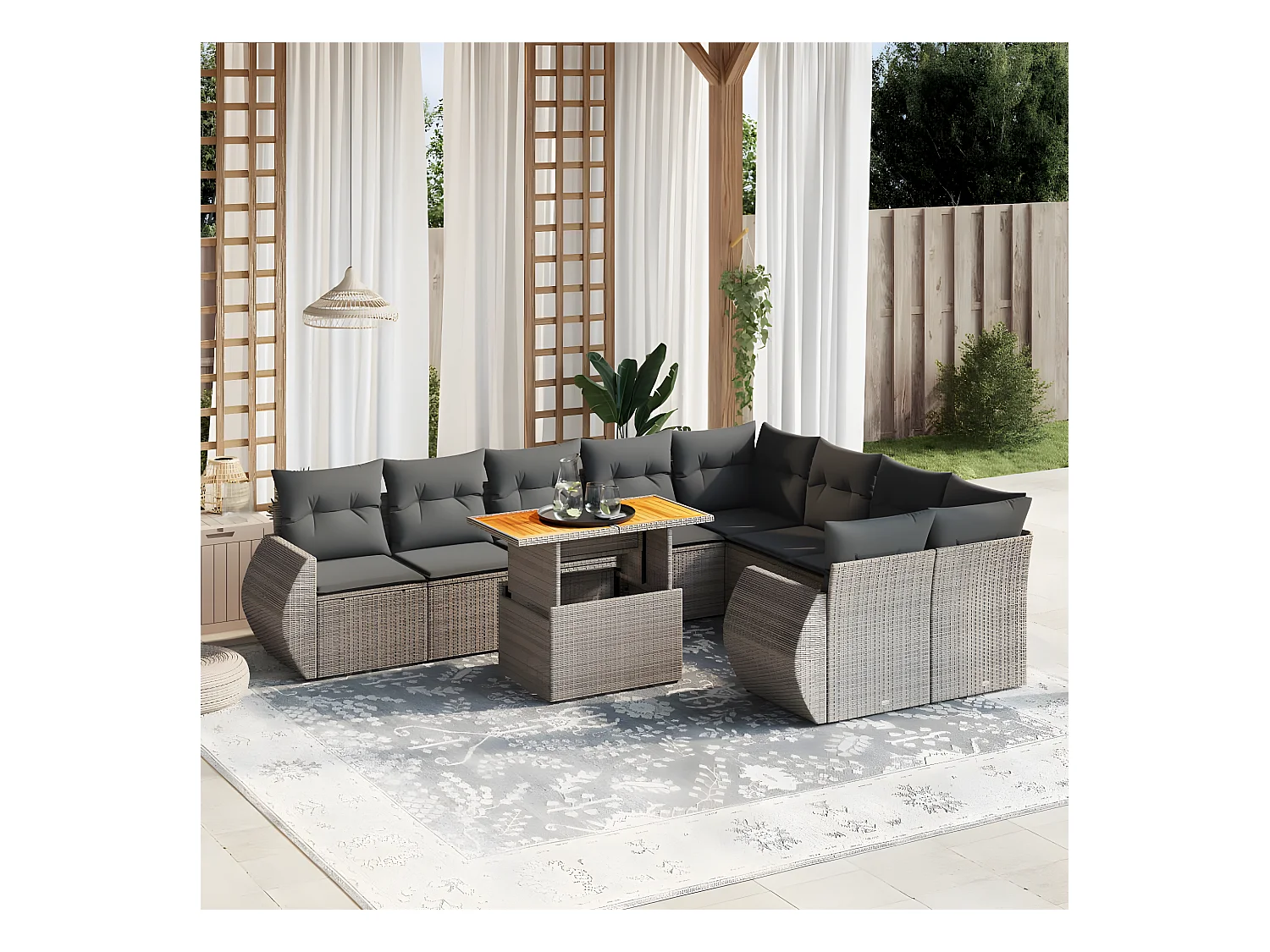 Salon de jardin avec coussins 10 pièces gris résine tressée
