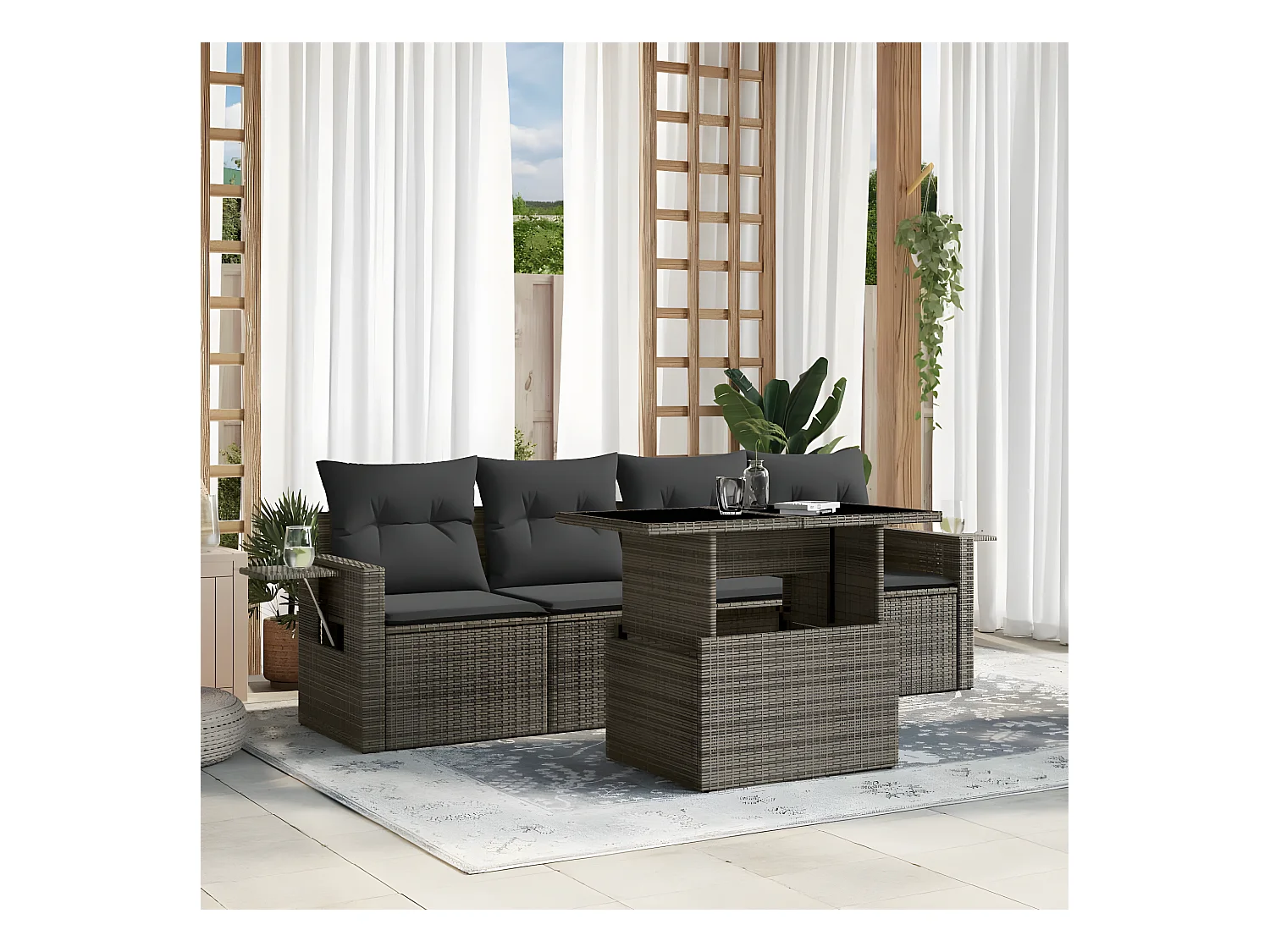 Salon de jardin 5 pièces avec coussins gris résine tressée