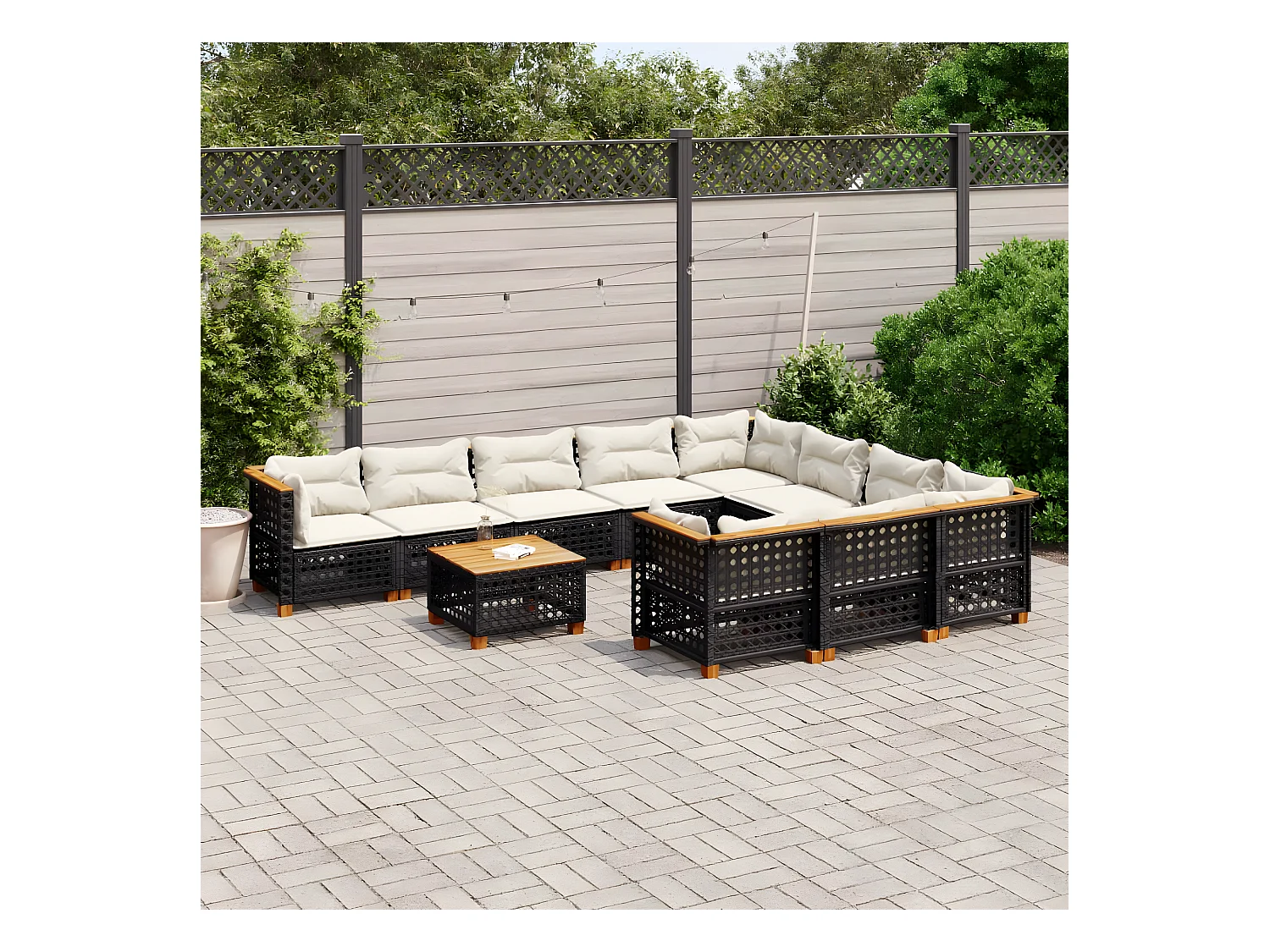 Salon de jardin 11 pièces avec coussins noir résine tressée