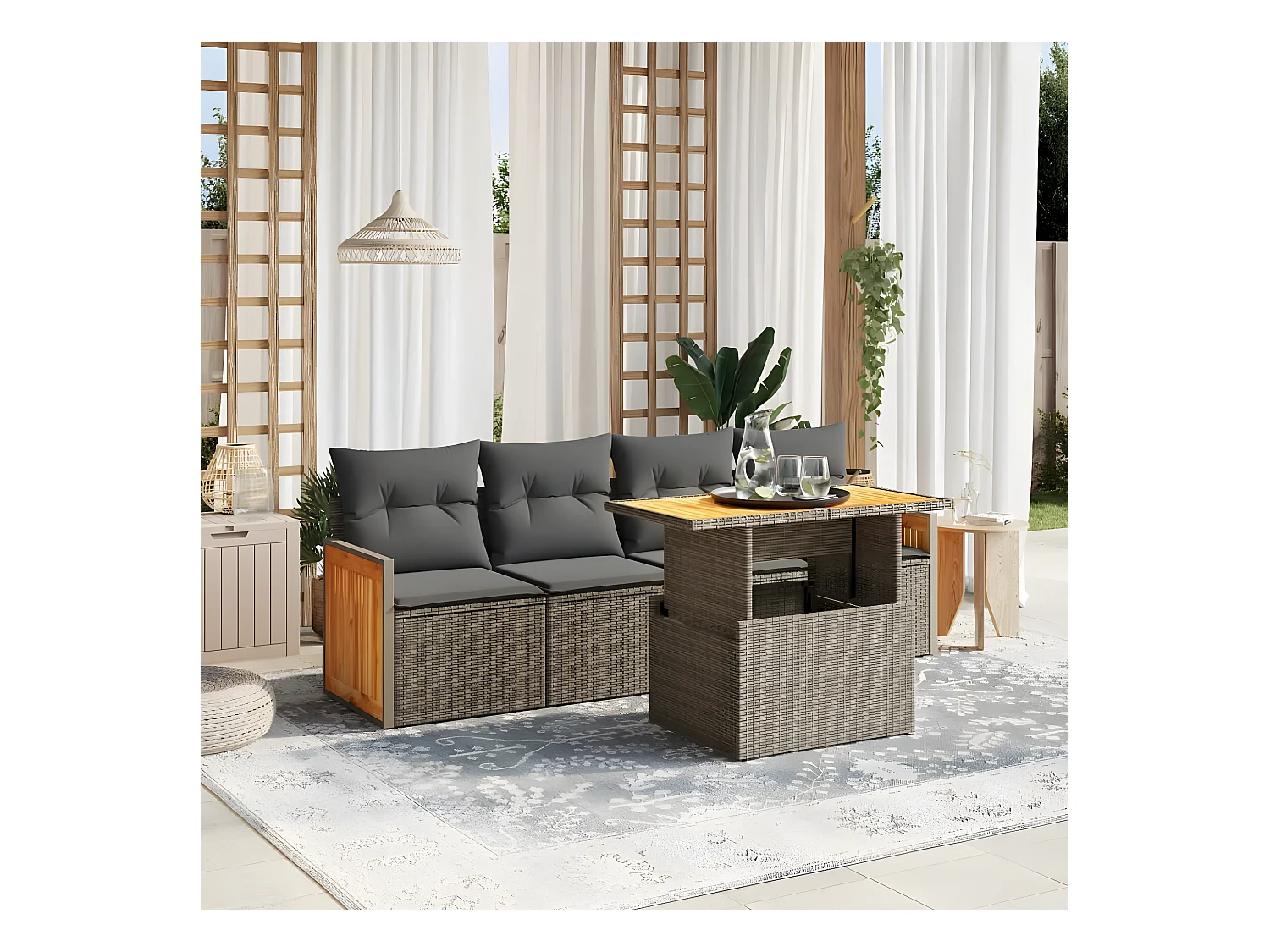 5 peças conjunto sofás de jardim c/ almofadões vime PE cinzento