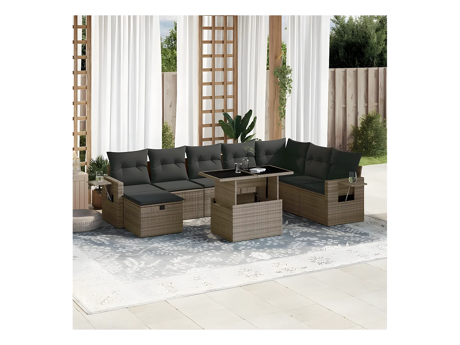 Set de muebles de jardín 9 piezas y cojines ratán sintético gris