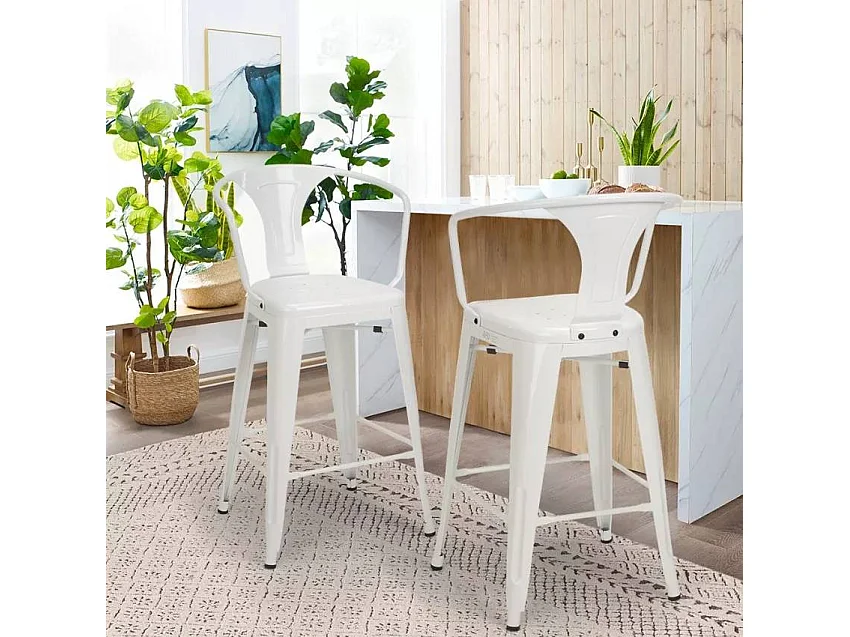 taburete diseño industrial para bar y cocina, con respaldo de metal estilo steel back - Blanco