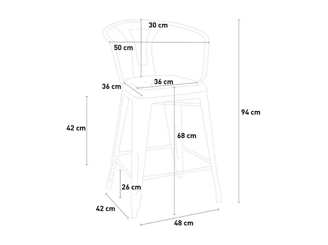 taburete diseño industrial para bar y cocina, con respaldo de metal estilo steel back - Blanco