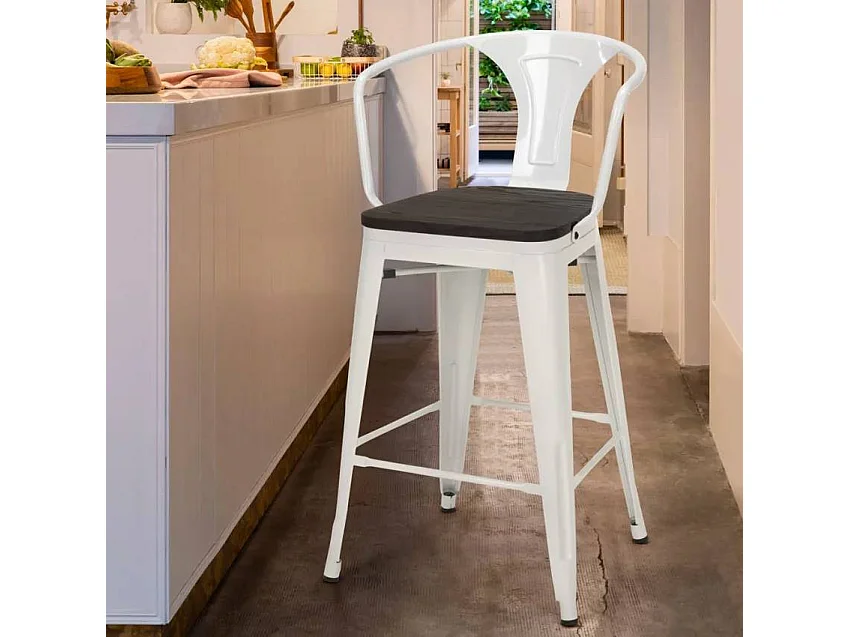 taburete de metal y madera con respaldo de diseño industrial estilo steel wood back - Blanco