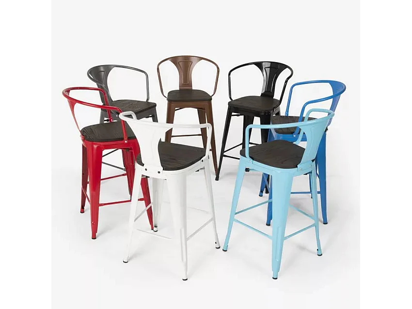 Barhocker aus stahl mit holzrückenlehne im industriestil Steel Wood Back - Weiß