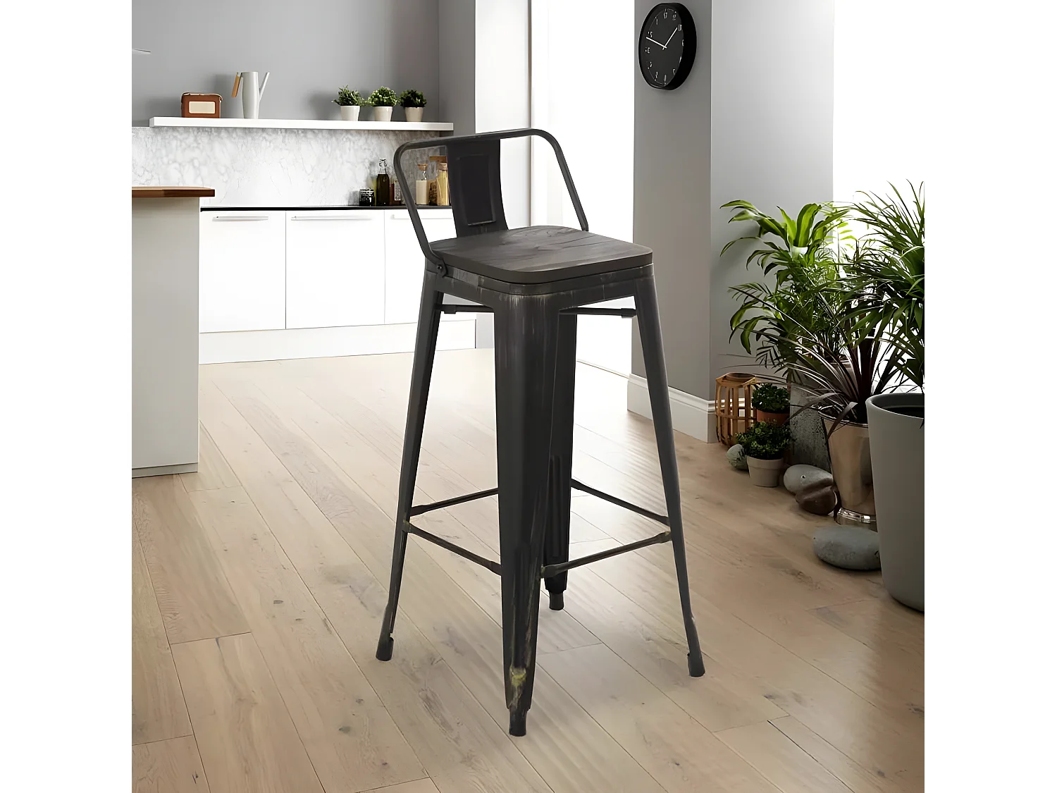 taburete de diseño industrial de metal y madera estilo vintage brush top - Wenge