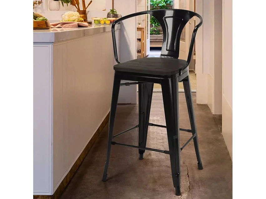 taburete de metal y madera con respaldo de diseño industrial estilo steel wood back - Negro