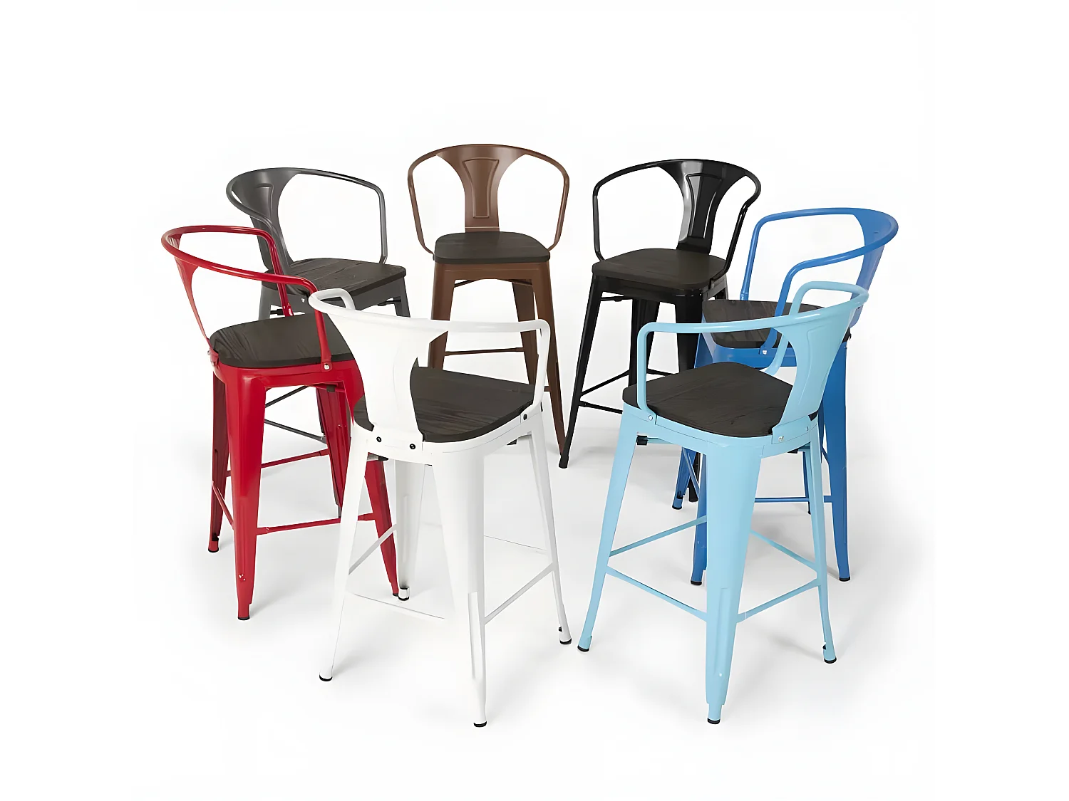 taburete de metal y madera con respaldo de diseño industrial estilo steel wood back - Marrón