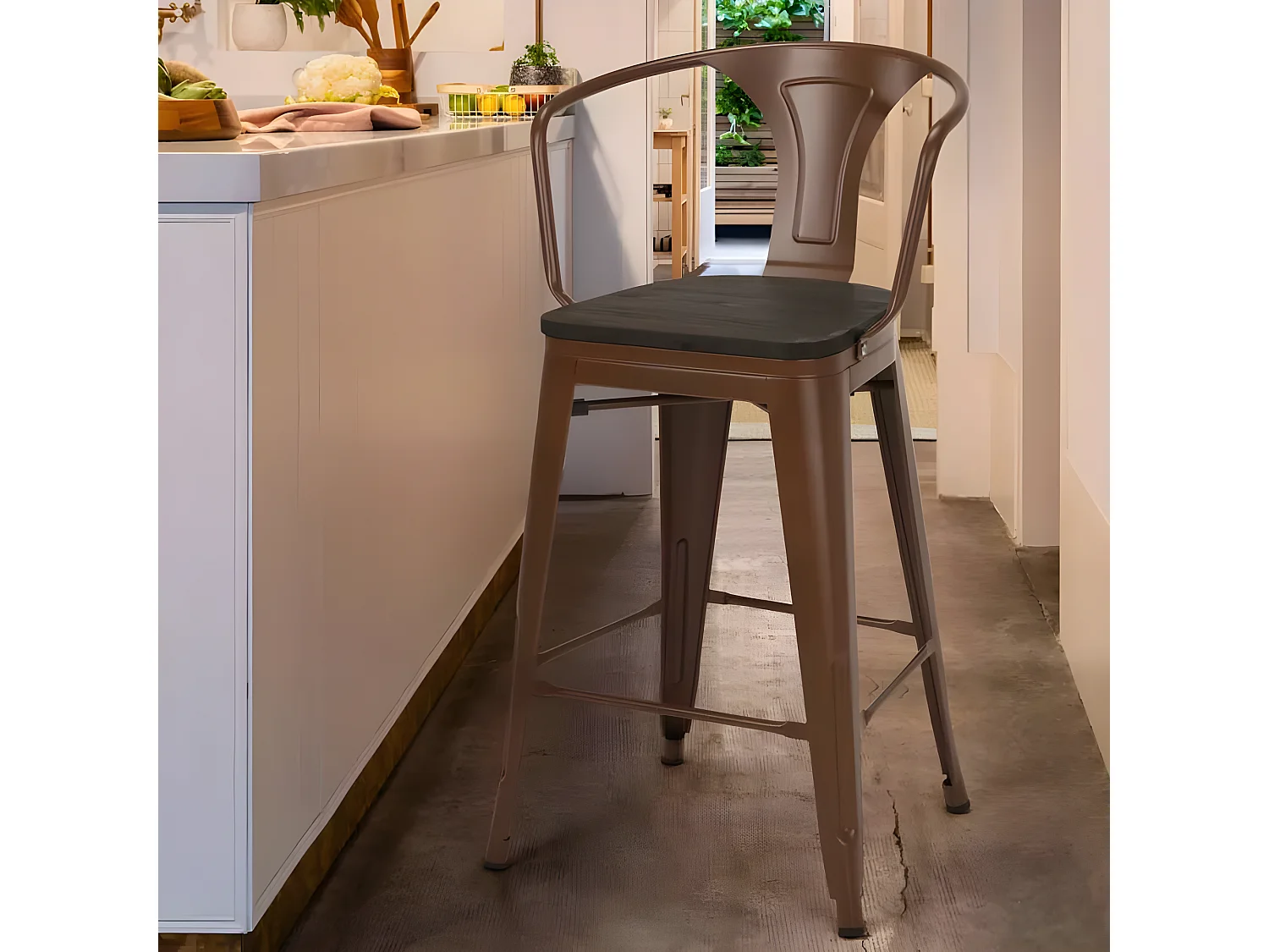 taburete de metal y madera con respaldo de diseño industrial estilo steel wood back - Marrón