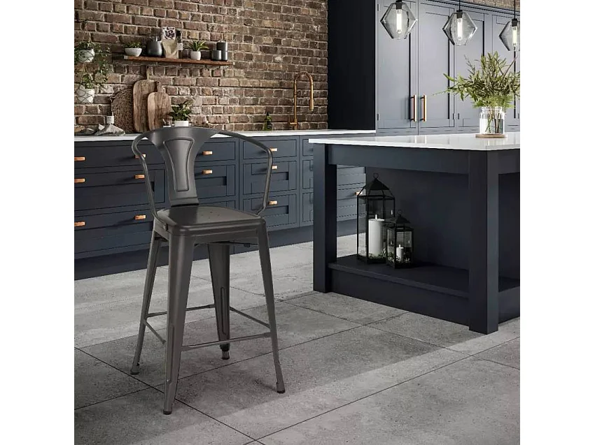 taburete diseño industrial para bar y cocina, con respaldo de metal estilo steel back - Gris Oscuro