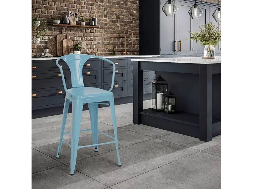 taburete diseño industrial para bar y cocina, con respaldo de metal estilo steel back - Azul