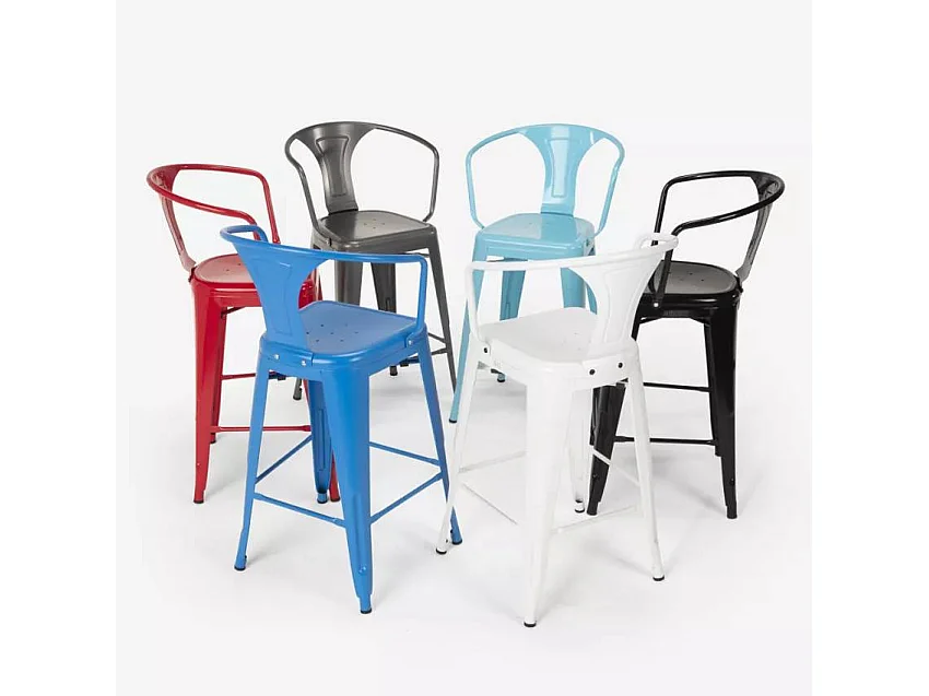 taburete diseño industrial para bar y cocina, con respaldo de metal estilo steel back - Azul