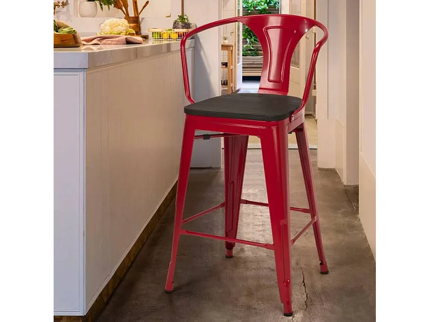 taburete de metal y madera con respaldo de diseño industrial estilo steel wood back - Rojo