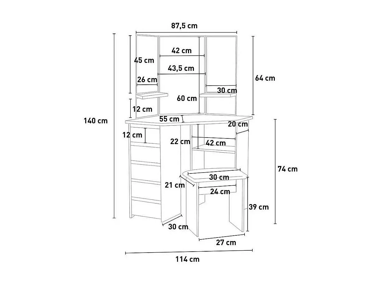 Eck-Schminktisch 3-Spiegel LED Licht, Hocker und Schubladen Elettra
