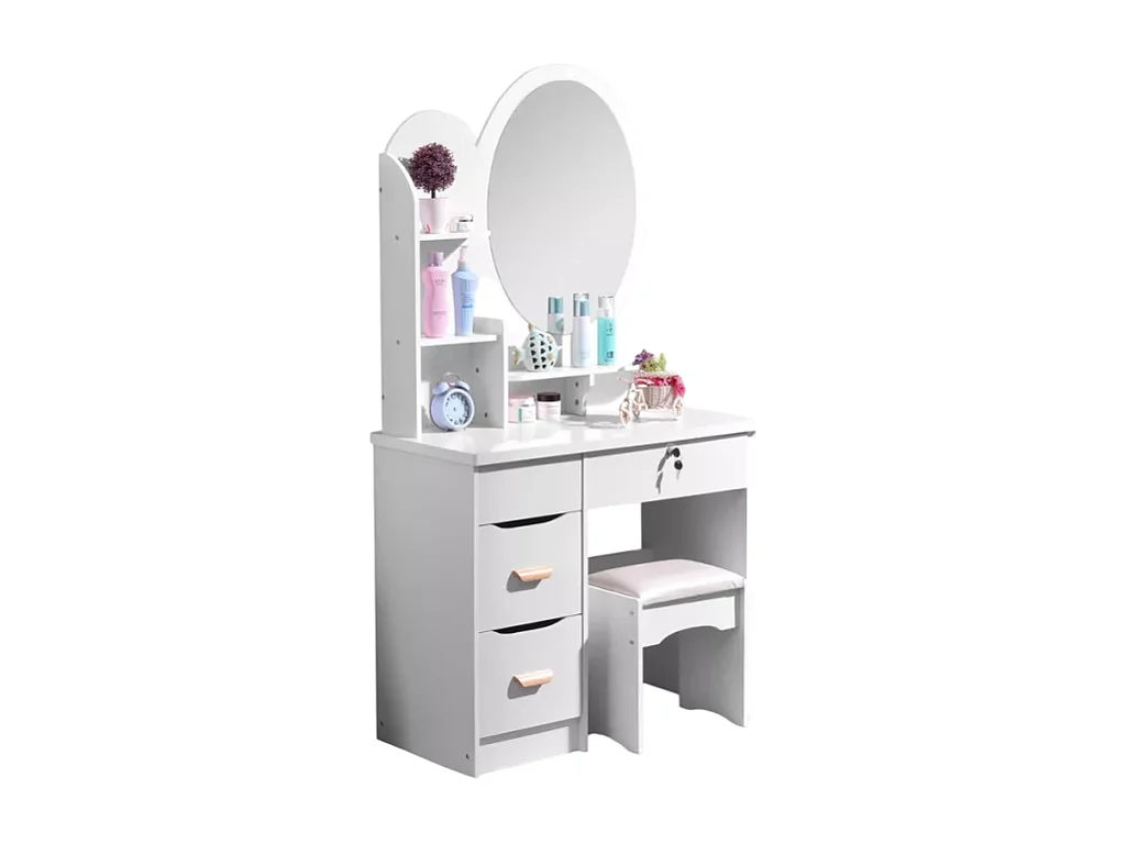 Schminktisch mit rundem Spiegel und Hocker für das Schlafzimmer Babette