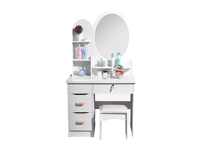 Schminktisch mit rundem Spiegel und Hocker für das Schlafzimmer Babette