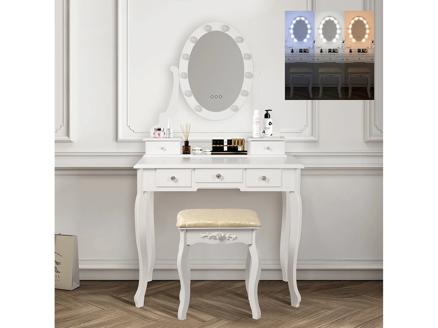 Coiffeuse en bois éclairage led miroir avec tabouret MAXIMA