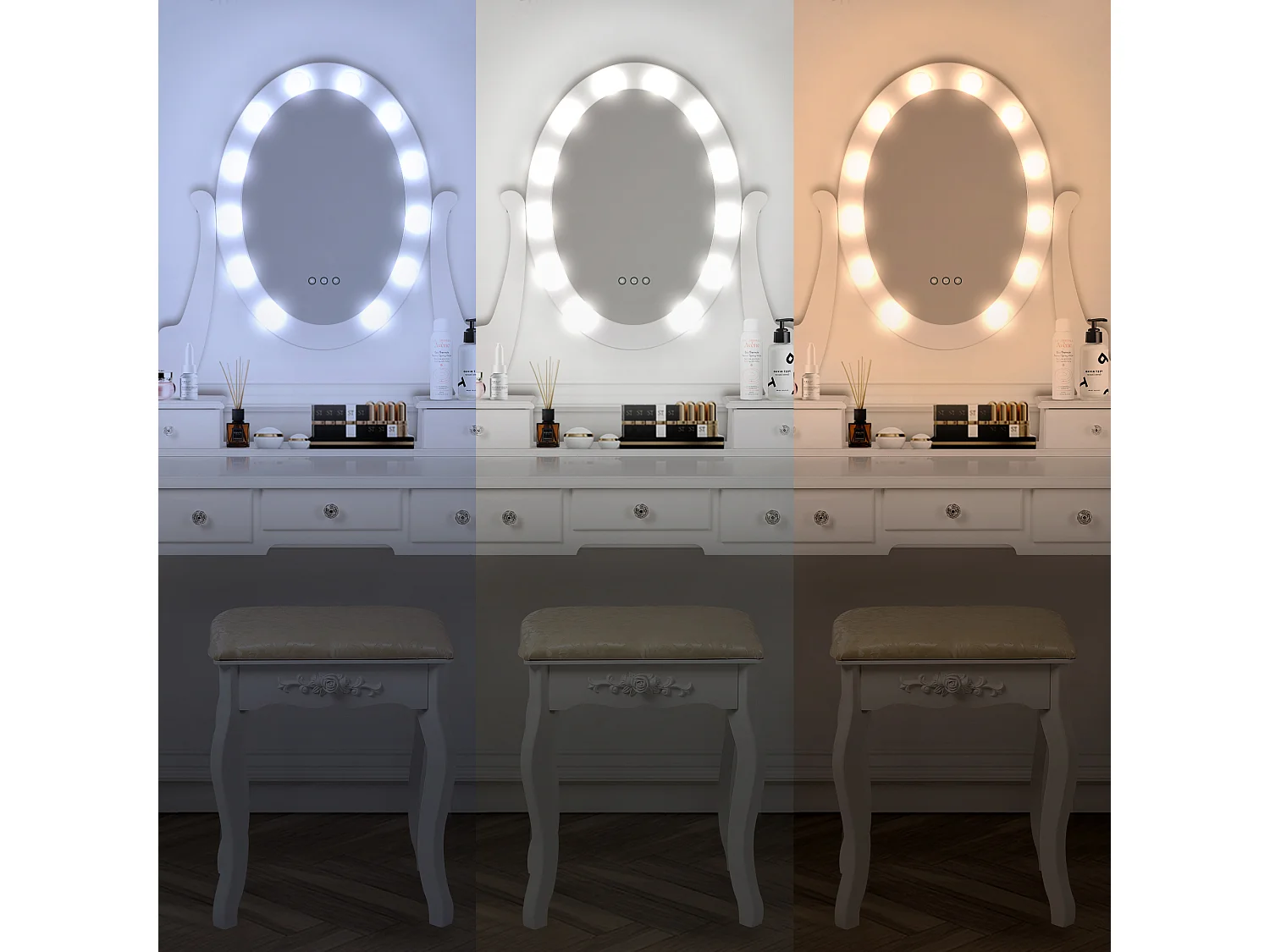 Coiffeuse en bois éclairage led miroir avec tabouret MAXIMA