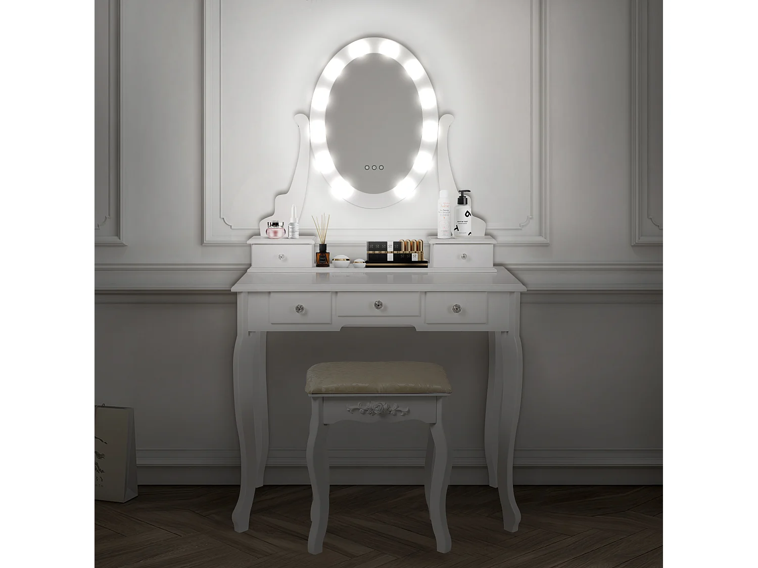 Coiffeuse en bois éclairage led miroir avec tabouret MAXIMA