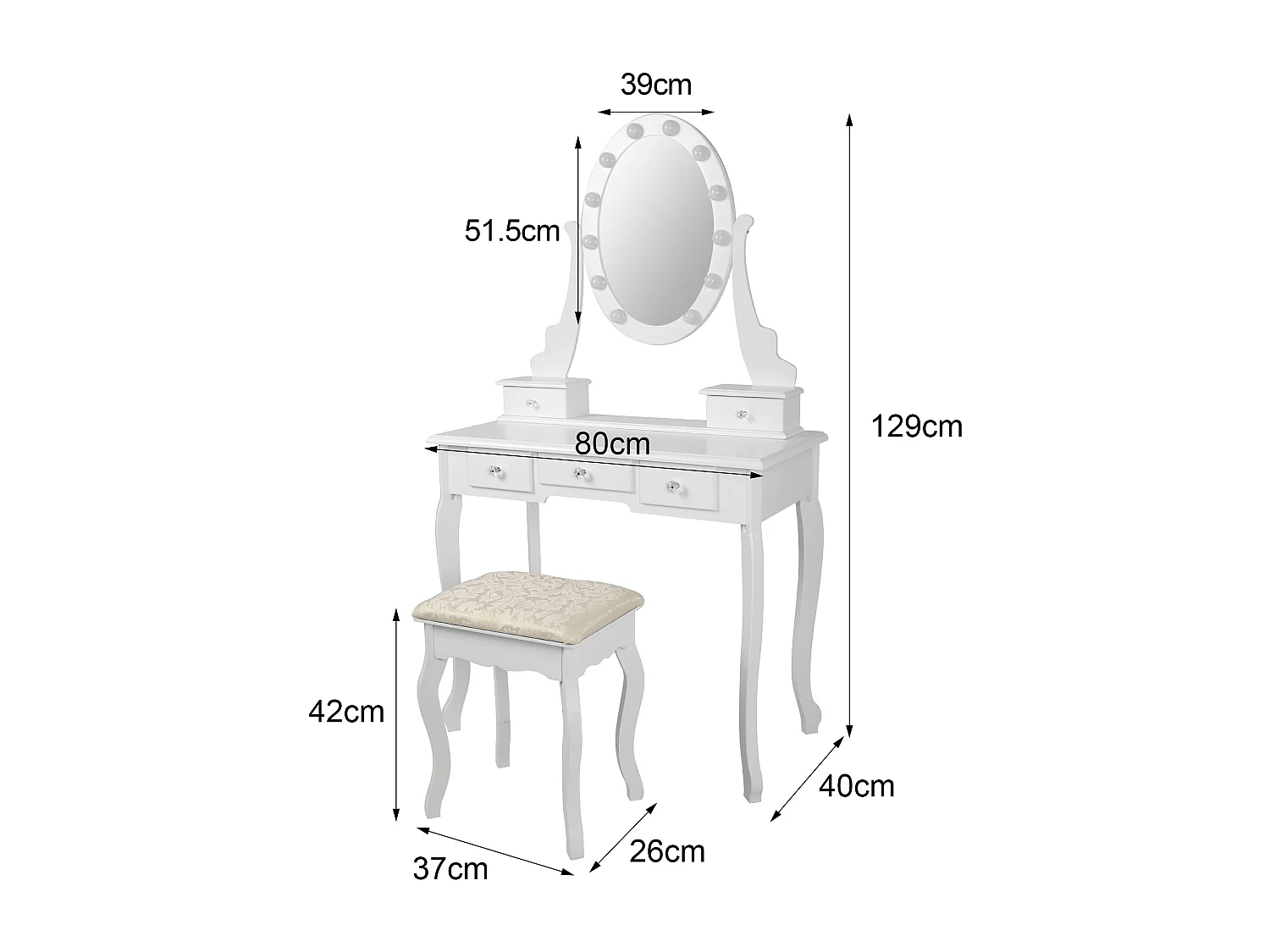 Coiffeuse en bois éclairage led miroir avec tabouret MAXIMA