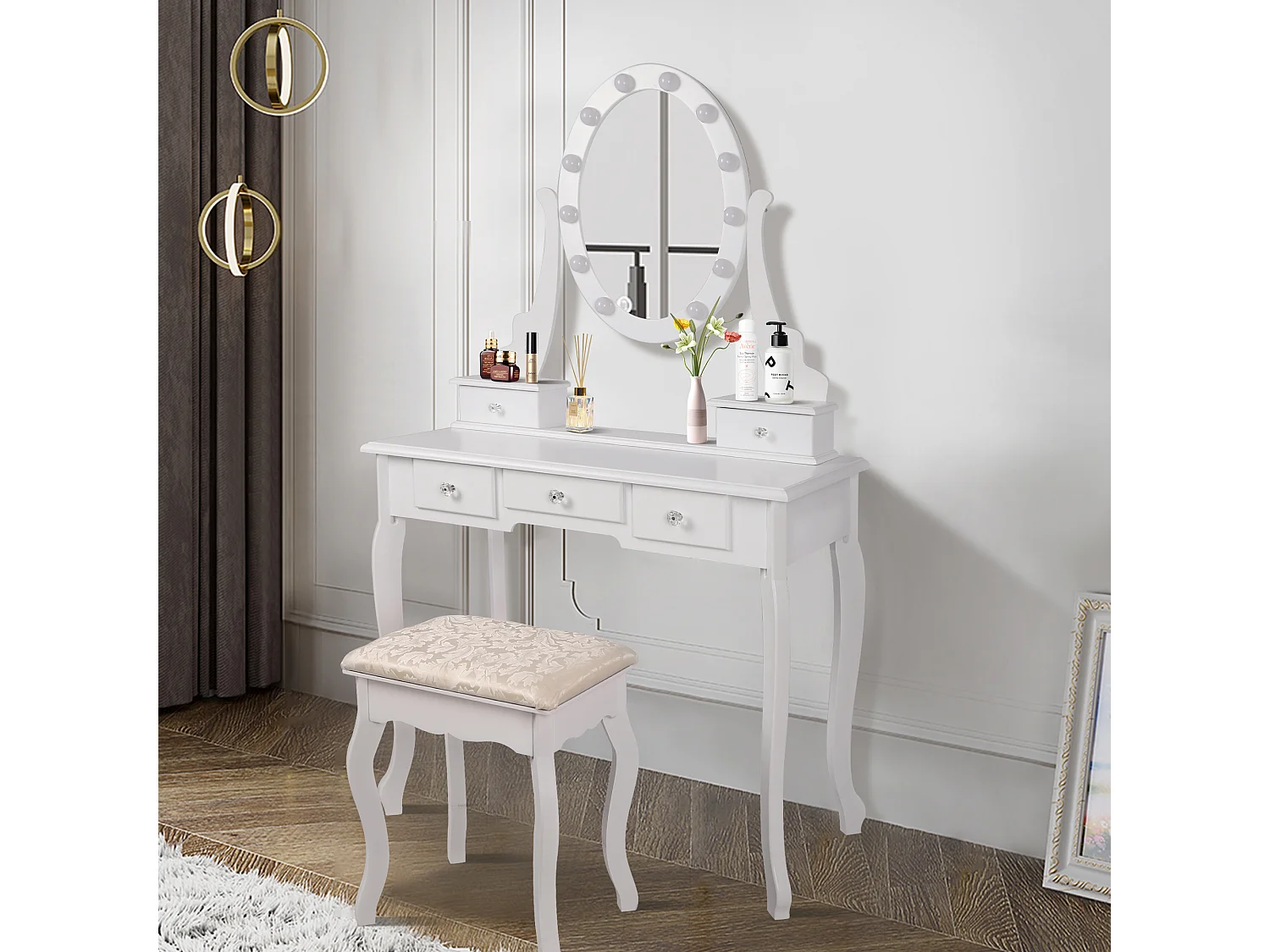 Coiffeuse en bois éclairage led miroir avec tabouret MAXIMA